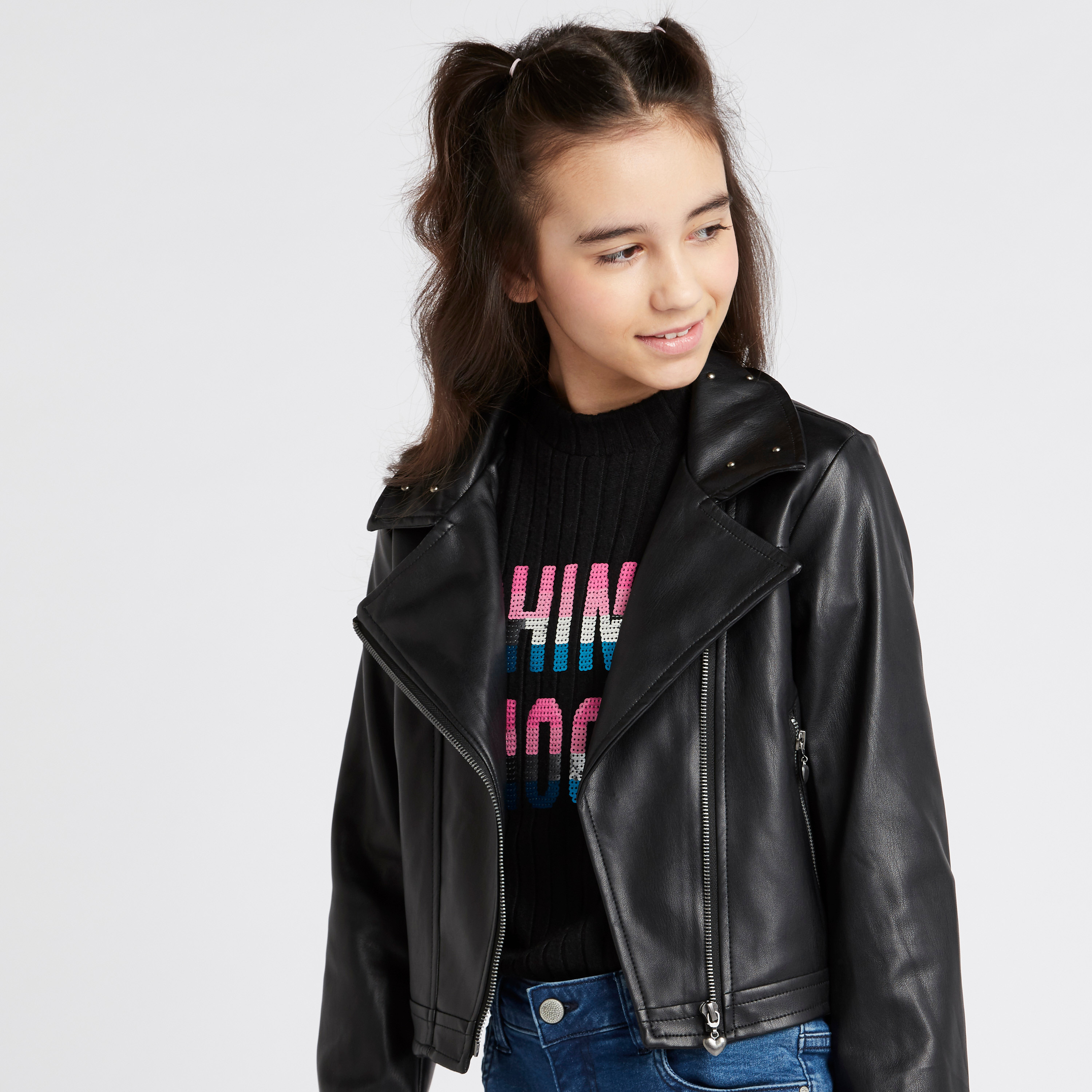 Lee Cooper Biker Jacket with Long Sleeves and Asymmetric Zipper-girls-clothing-winterwear-jacketsandcoats-image-3