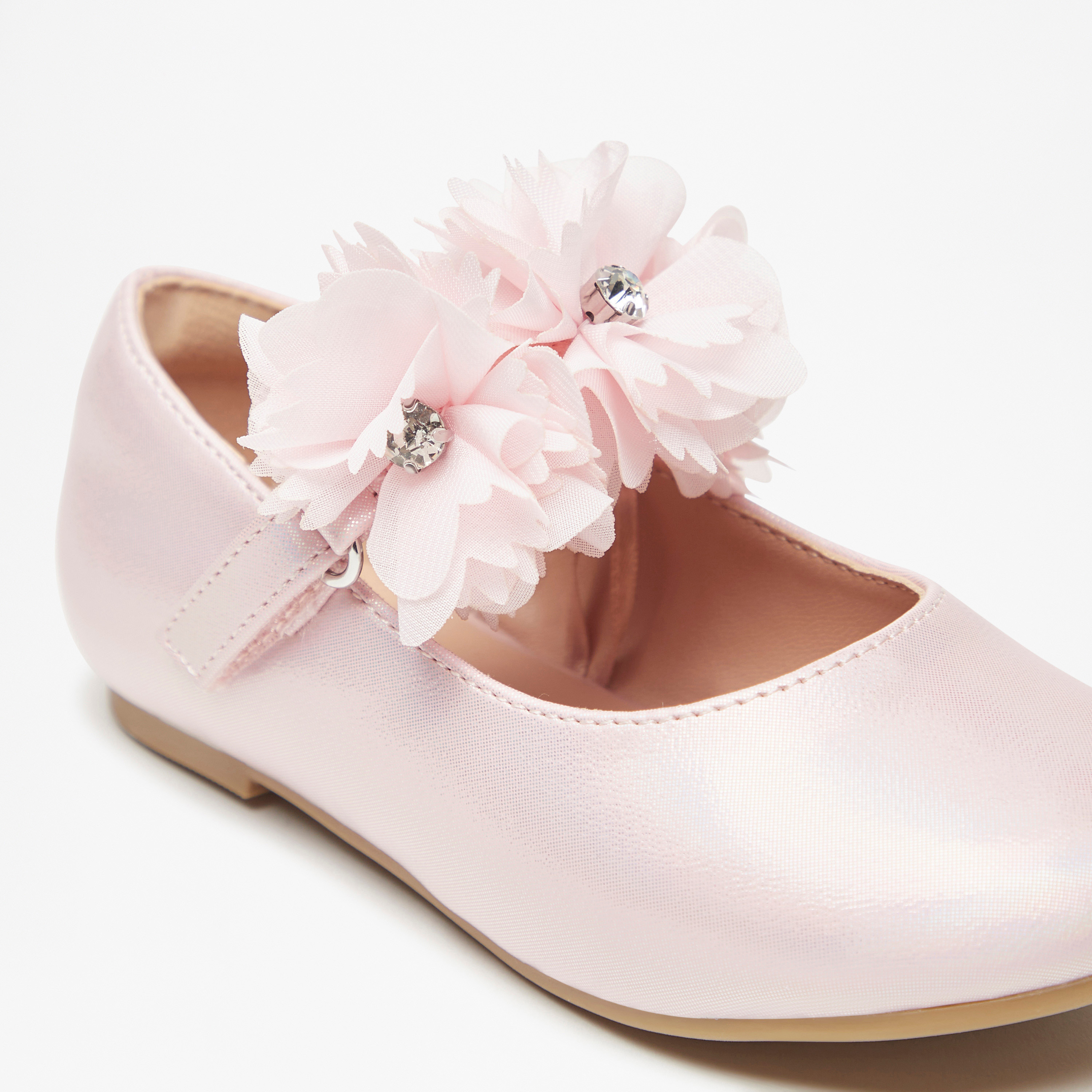 Juniors Floral Accent Ballerina Shoes with Hook and Loop Closure-girls-shoes-maryjanes-image-5