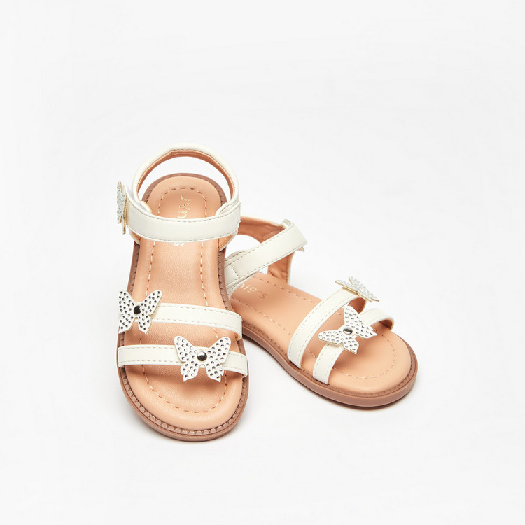 Juniors Butterfly Accented Flat Sandals with Hook and Loop Closure
