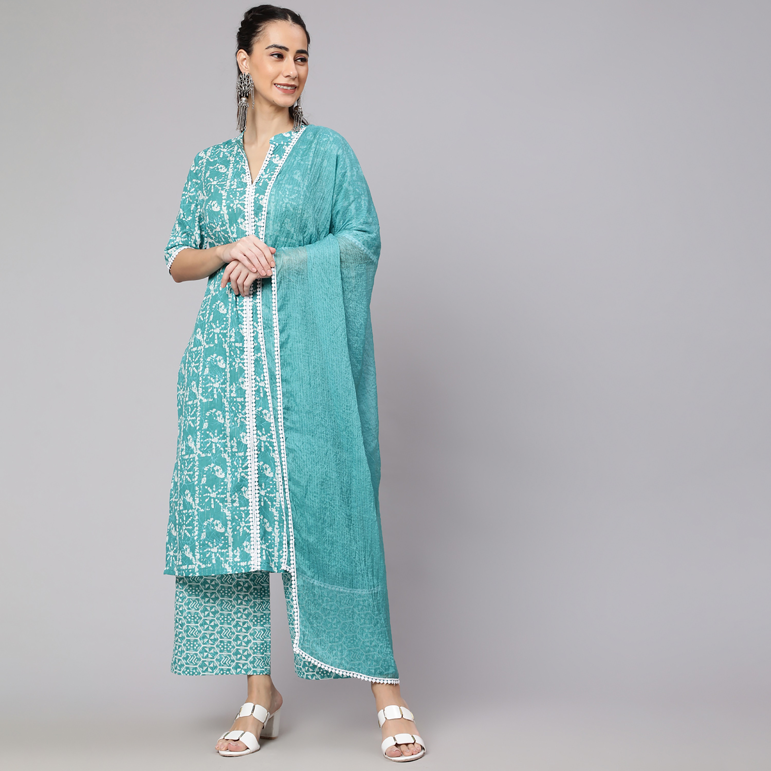 كورتا مستقيمة بياقة الماندارين المطبوعة مع بلازو ودوباتا مطبوعتين من أكس-women-clothing-ethnicwear-salwarsuits-image-1