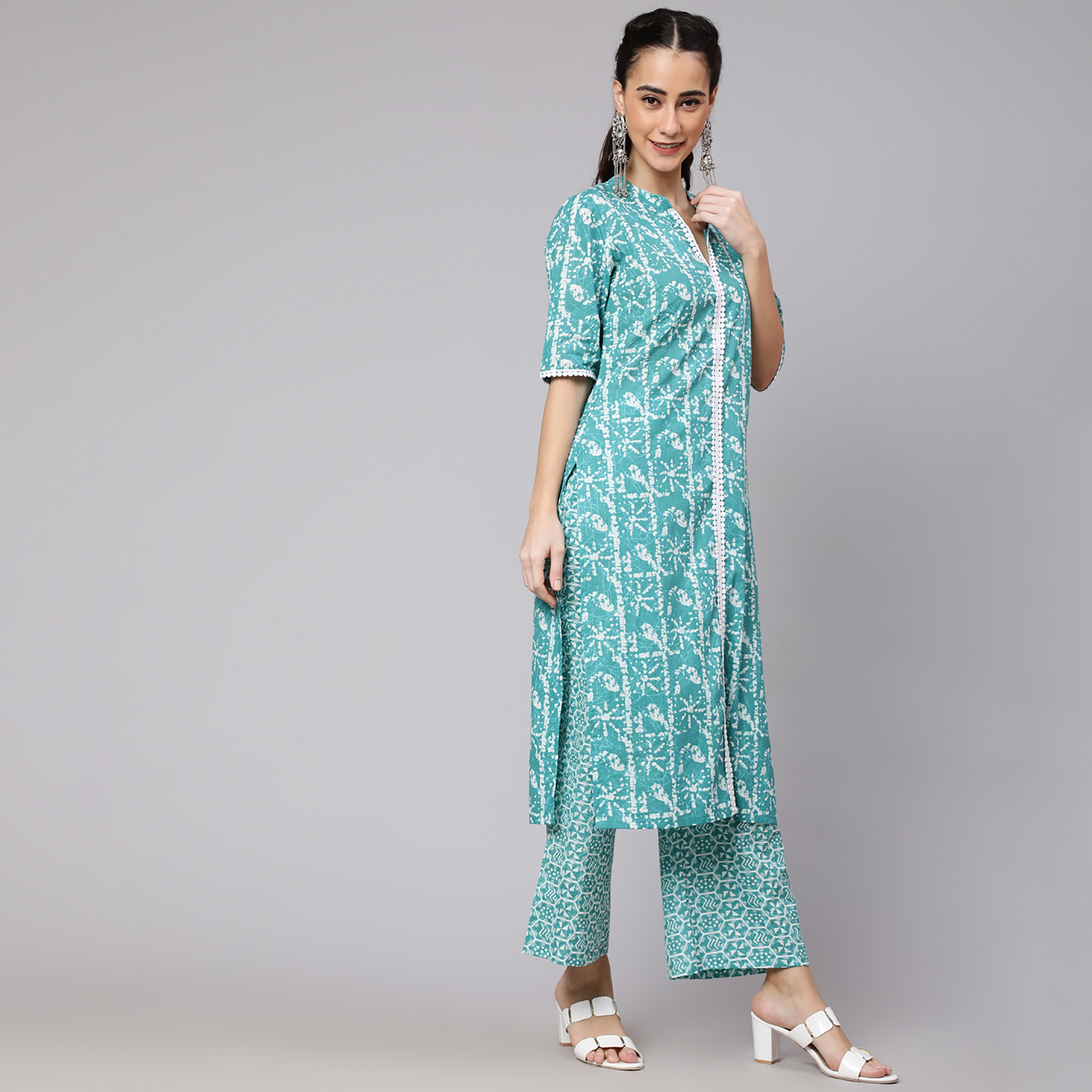 كورتا مستقيمة بياقة الماندارين المطبوعة مع بلازو ودوباتا مطبوعتين من أكس-women-clothing-ethnicwear-salwarsuits-image-4