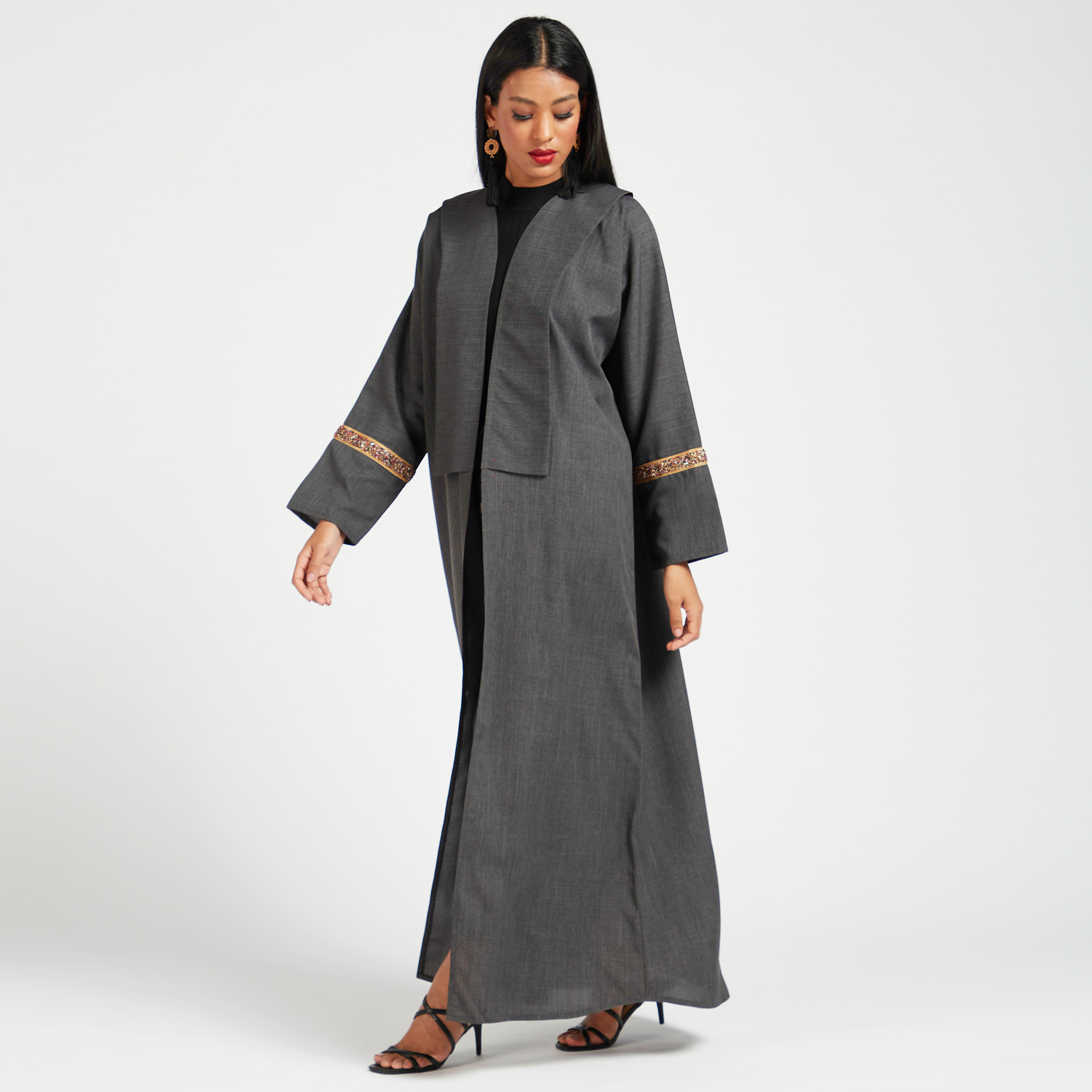 Yara Solid Open Front Abaya with Overlay Detail-women-arabicclothing-abayas-image-2