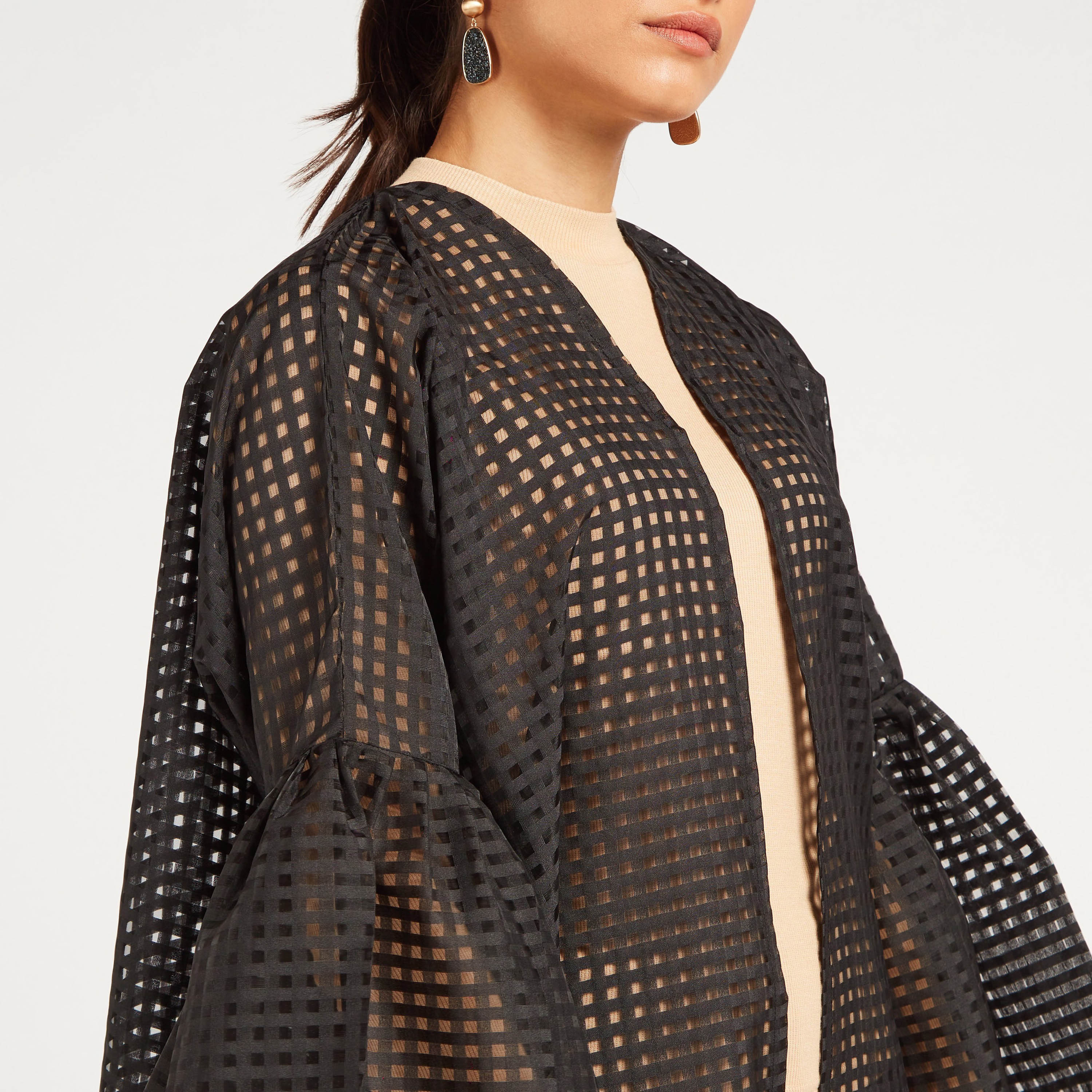 Yara Checked Open Front Abaya with Bell Sleeves-women-arabicclothing-abayas-image-5