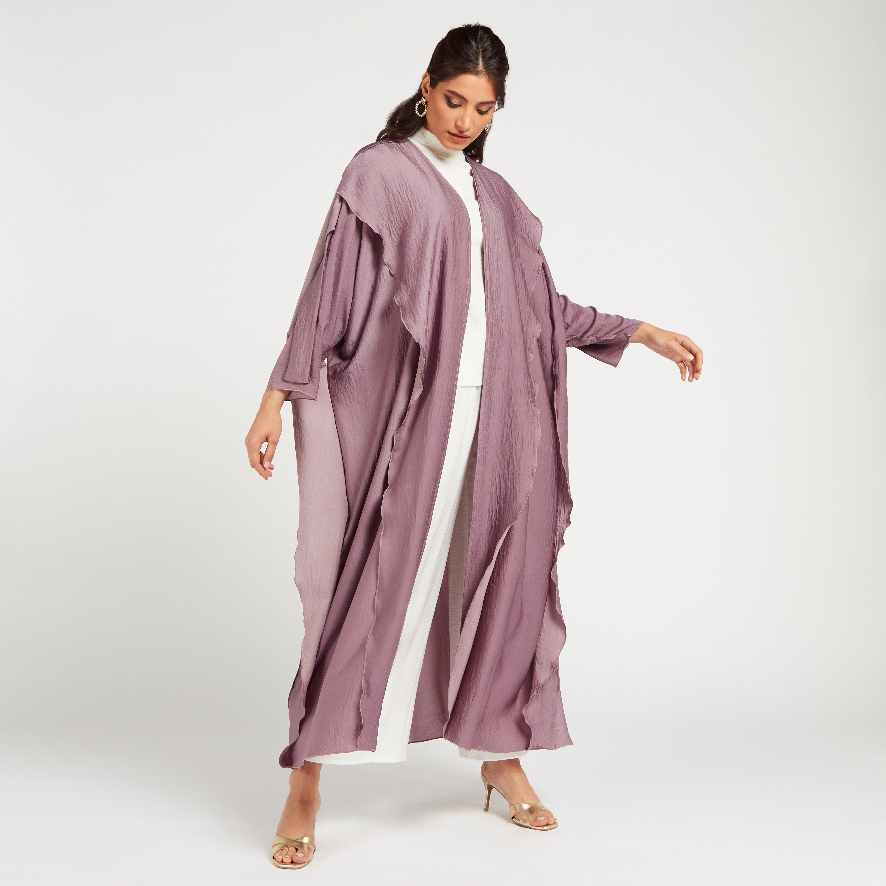 Yara Textured Open Front Abaya with Overlay Detail-women-arabicclothing-abayas-image-1
