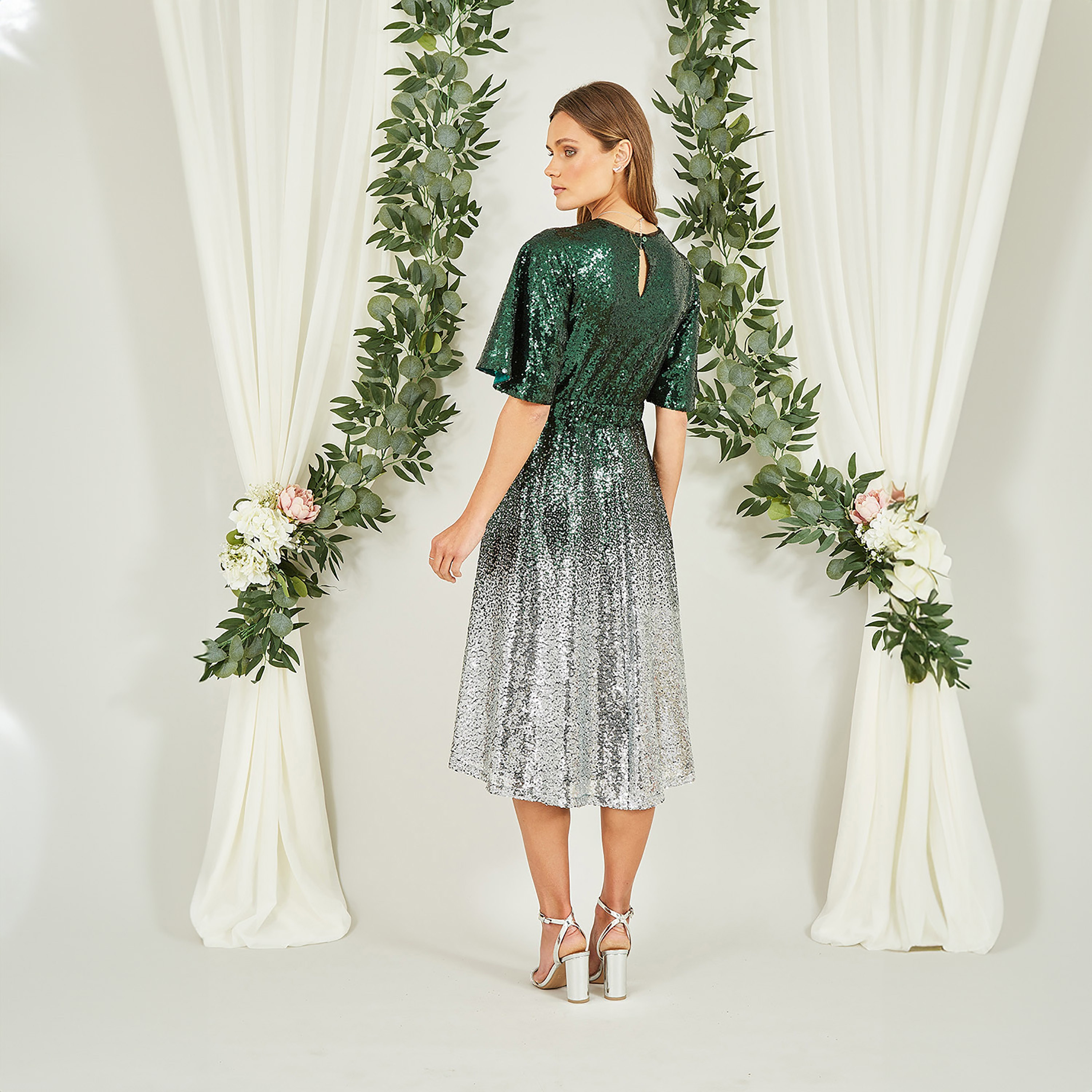 Yumi Green and Silver Ombre Sequin Wrap Evening Women's Midi Dress-women-clothing-dresses-image-2