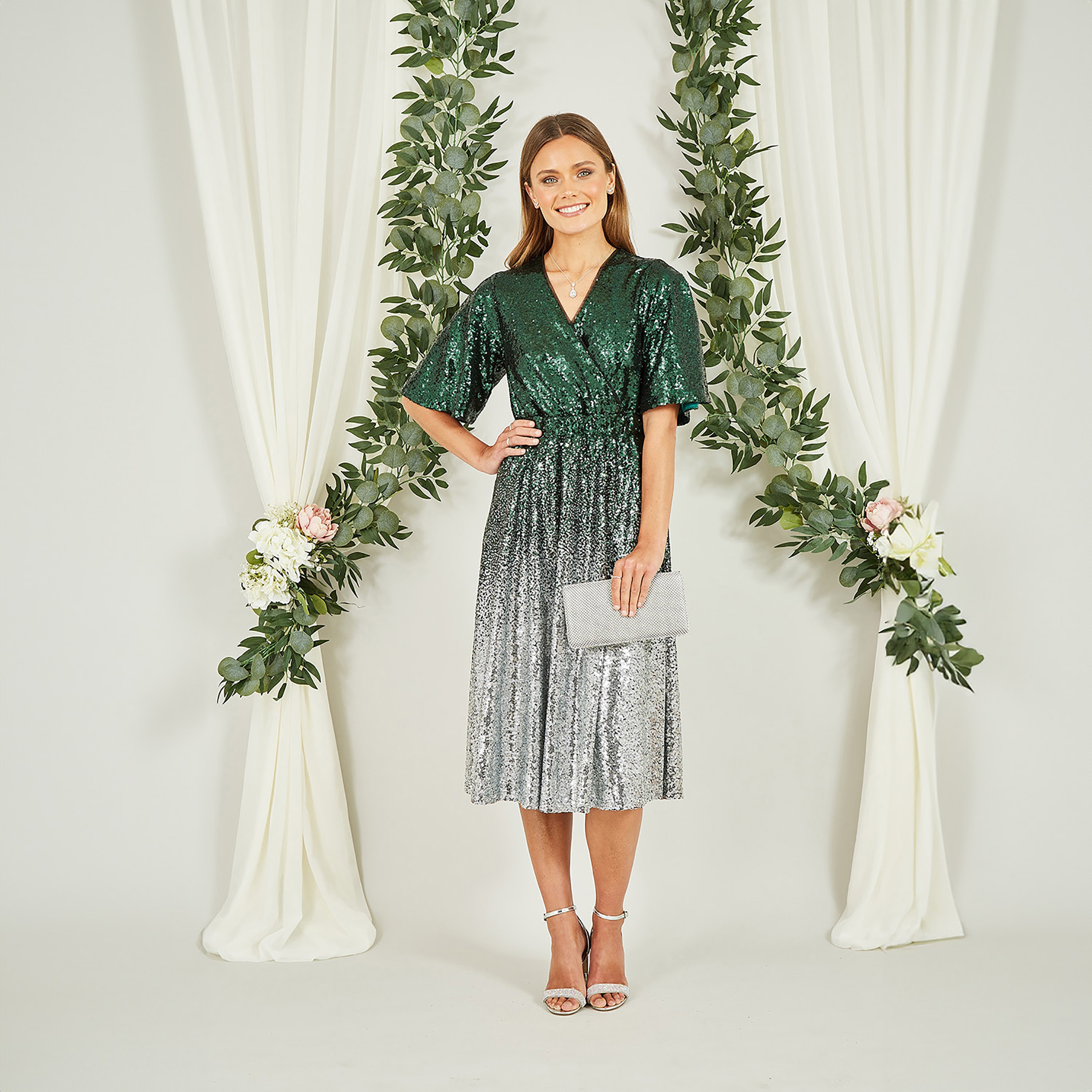 Yumi Green and Silver Ombre Sequin Wrap Evening Women's Midi Dress-women-clothing-dresses-image-3