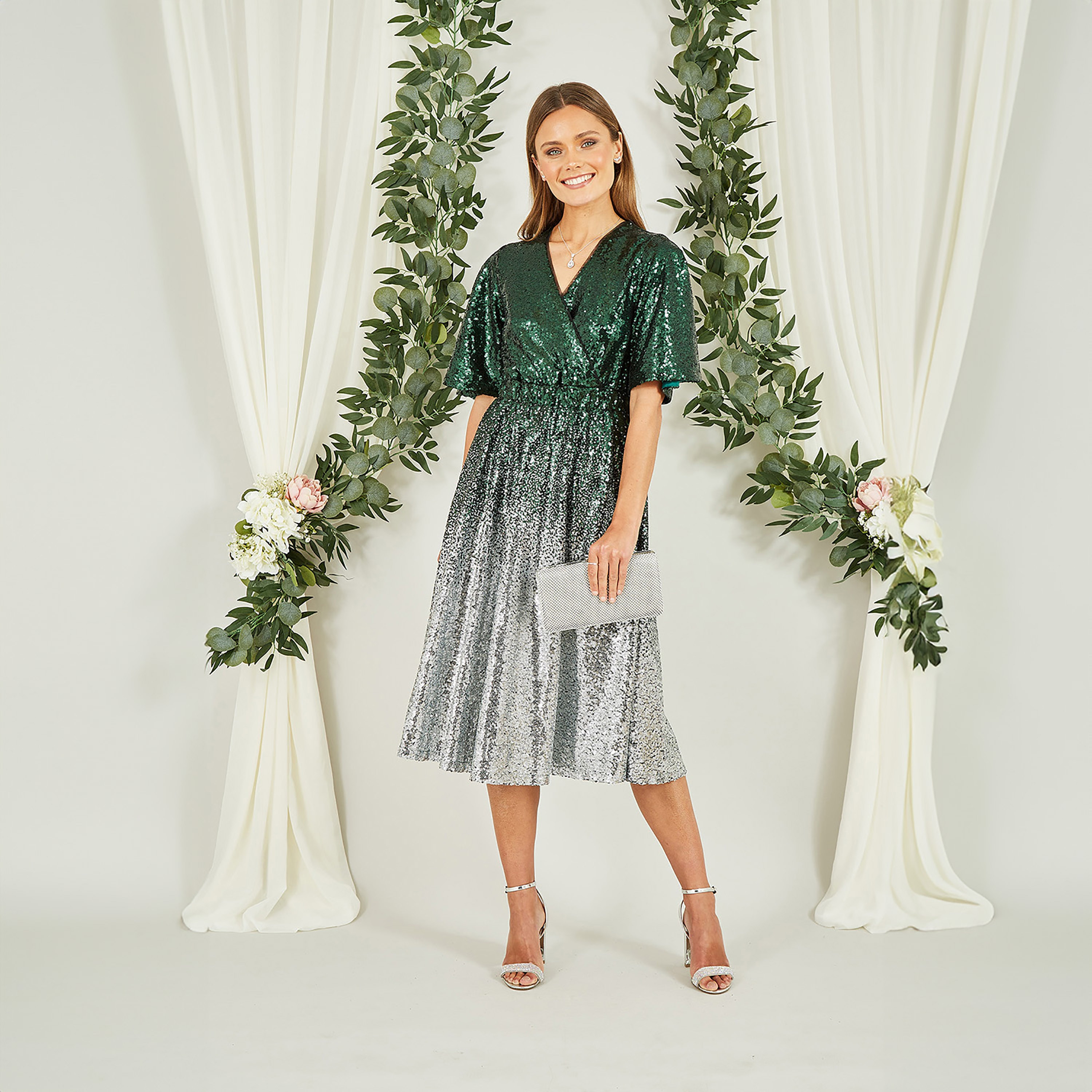 Yumi Green and Silver Ombre Sequin Wrap Evening Women's Midi Dress-women-clothing-dresses-image-4