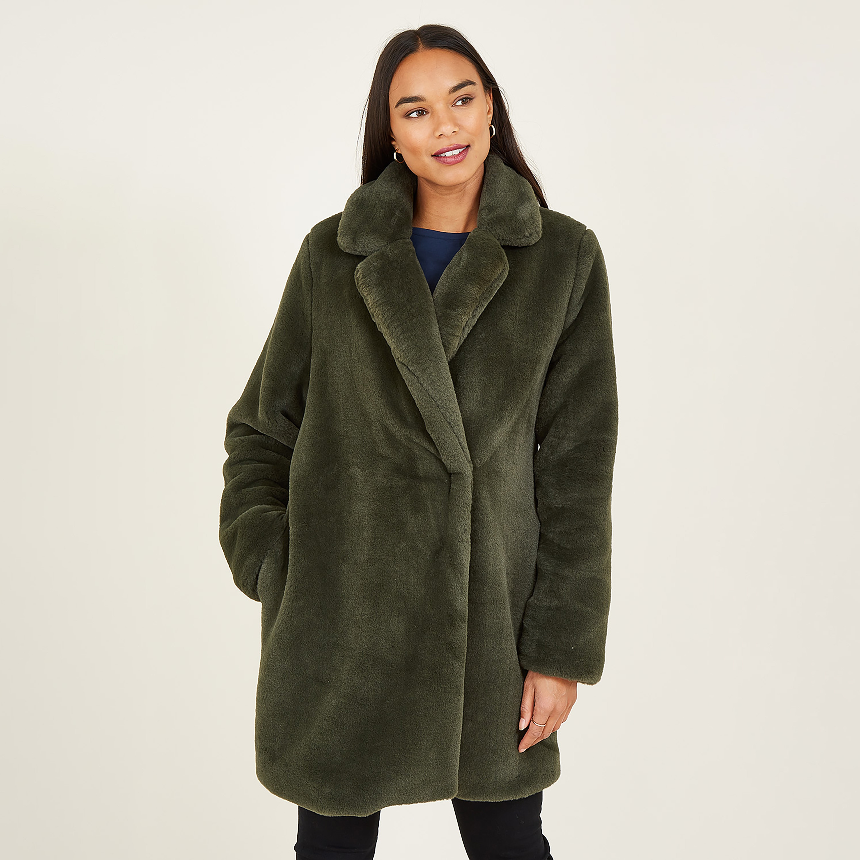 Yumi Green Longline Faux Fur Lapel Collared Women's Long Coat-women-clothing-coatsandjackets-coats-image-1