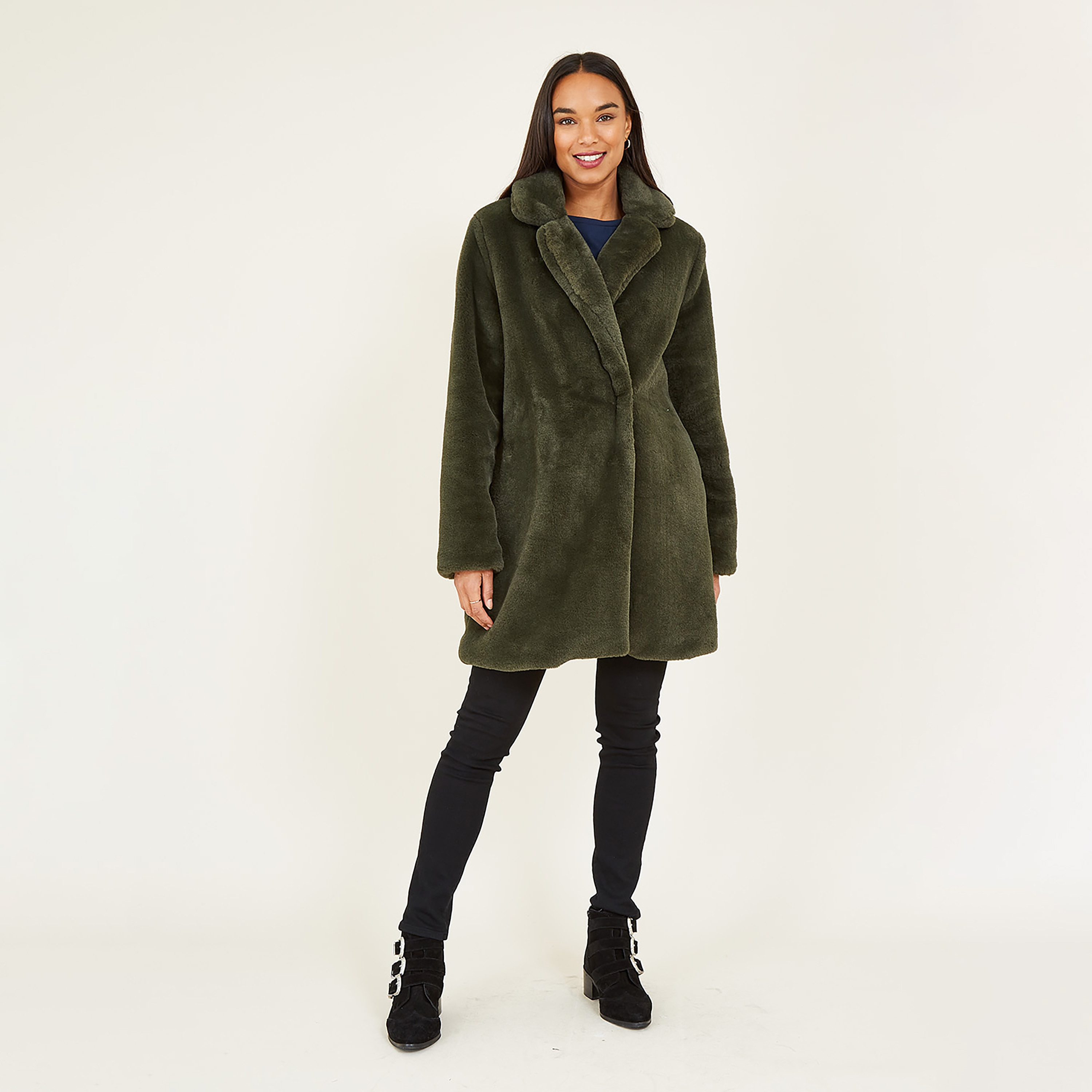 Yumi Green Longline Faux Fur Lapel Collared Women's Long Coat-women-clothing-coatsandjackets-coats-image-2