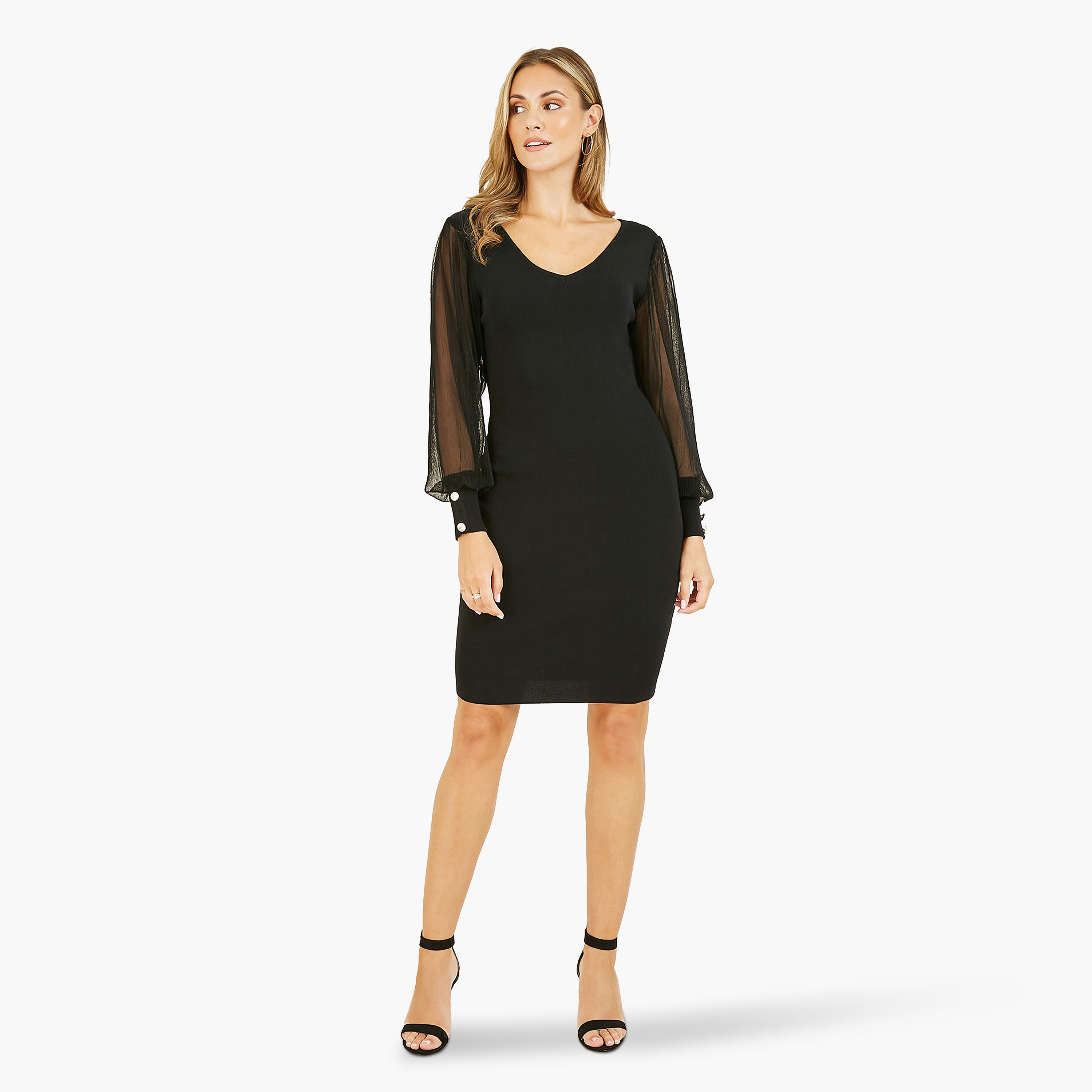 فستان أسود ضيق للنساء بطول الركبة من يامي-women-clothing-dresses-image-1