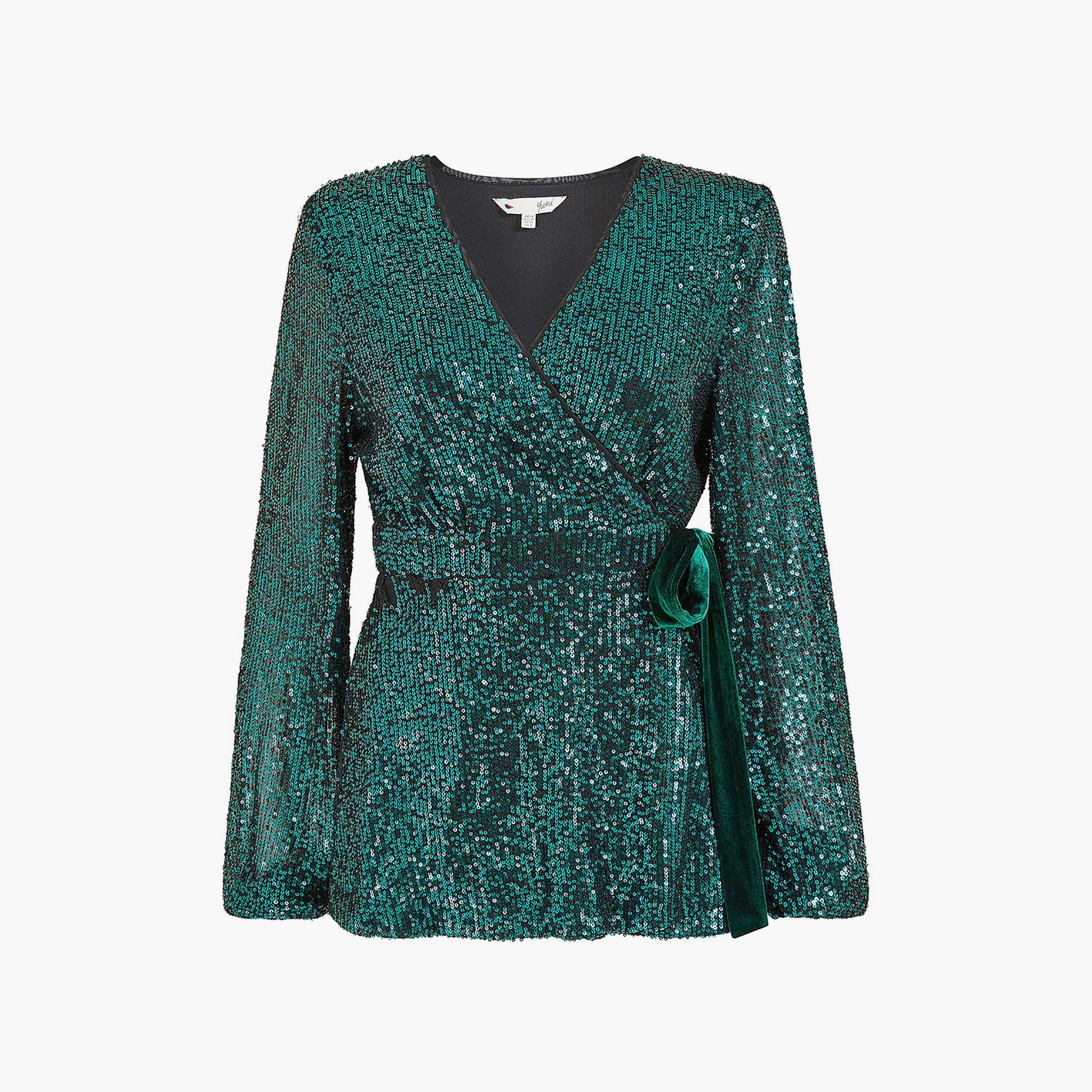 بلوزة نسائية مسائية باللون الأخضر مع ربطة عنق مخملية من يامي-women-clothing-shirtsandblouses-blouses-image-5