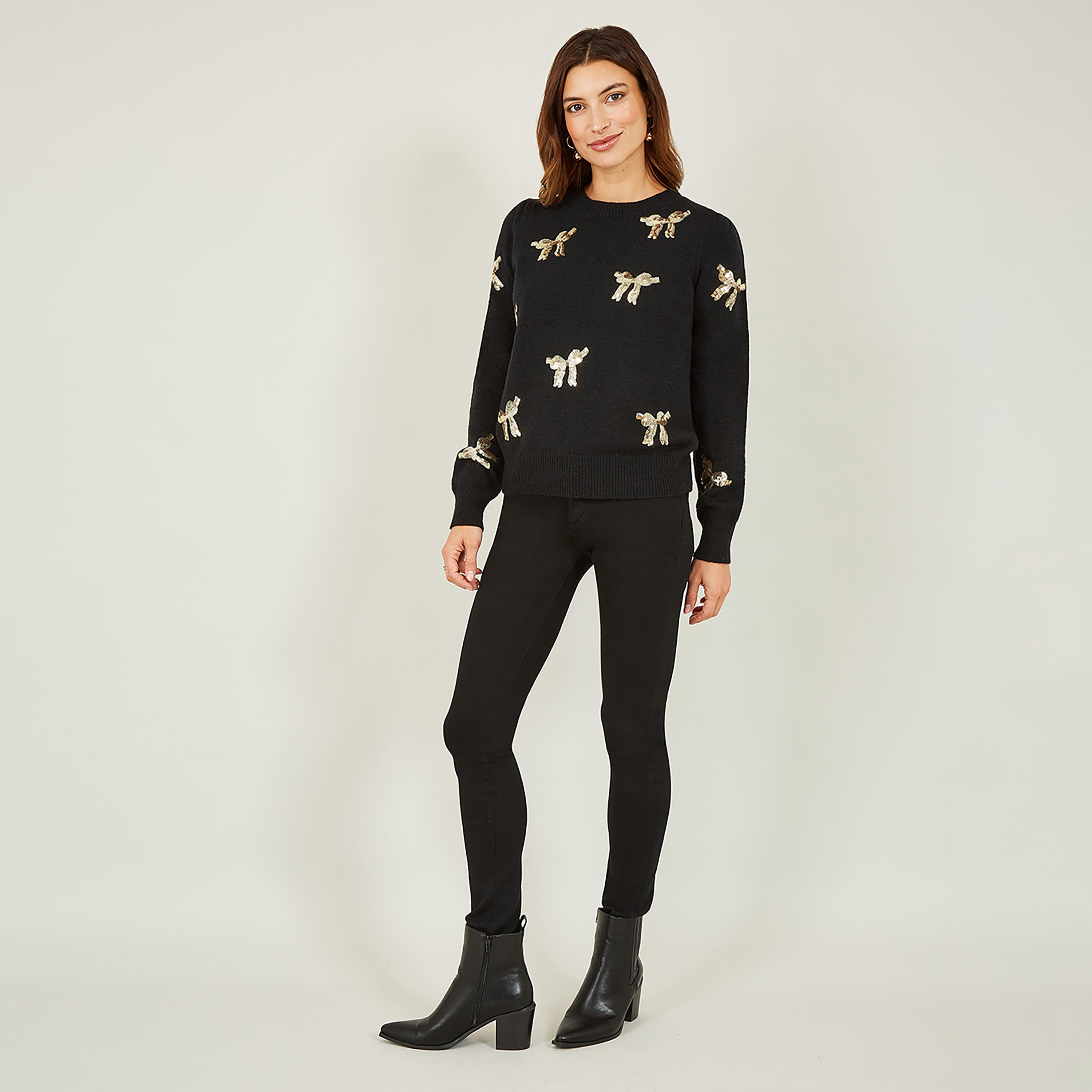 Yumi Black Sequin All Over Applique Bow Knitted Women's Jumper-women-winterwear-cardigansandjumpers-jumpers-image-2