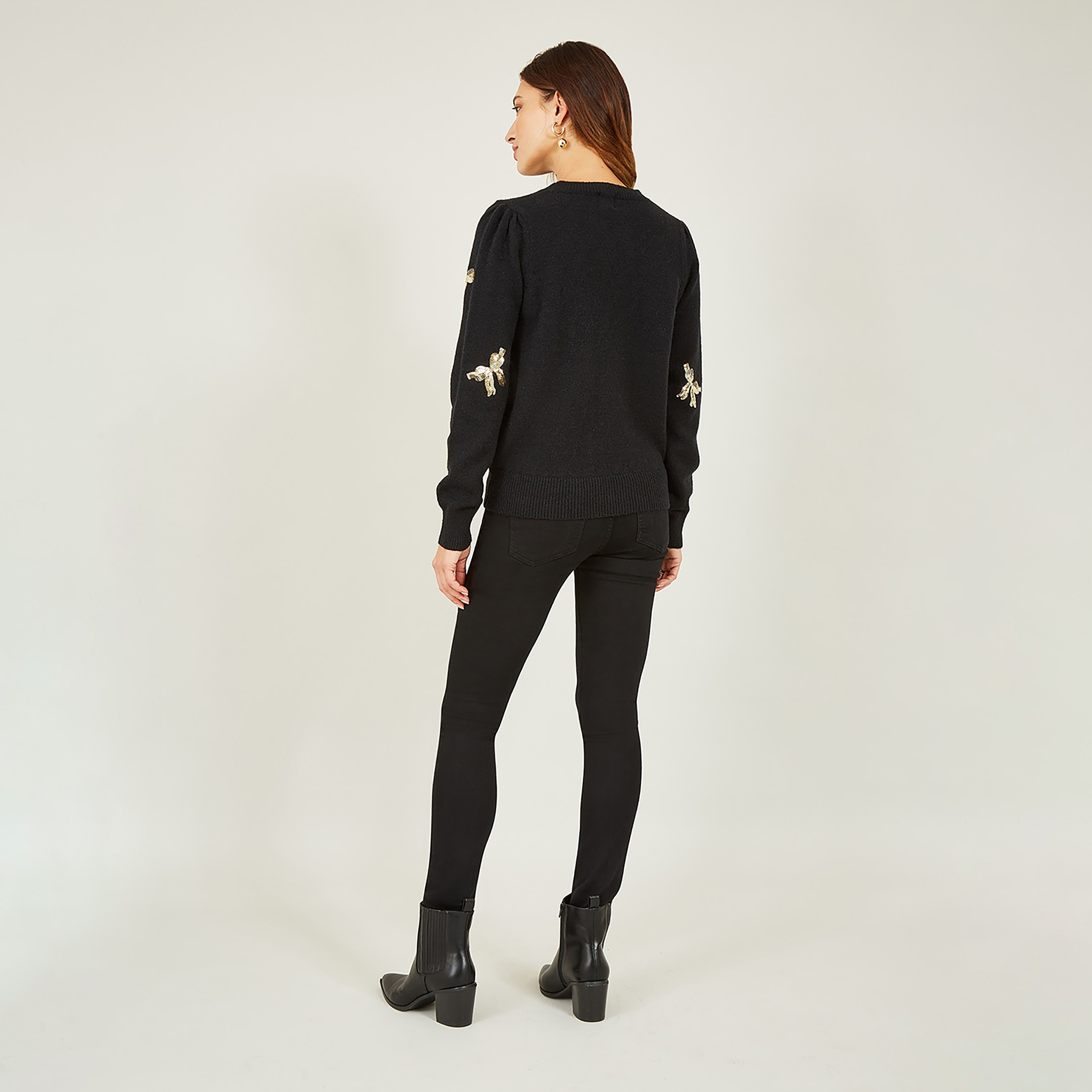Yumi Black Sequin All Over Applique Bow Knitted Women's Jumper-women-winterwear-cardigansandjumpers-jumpers-image-3