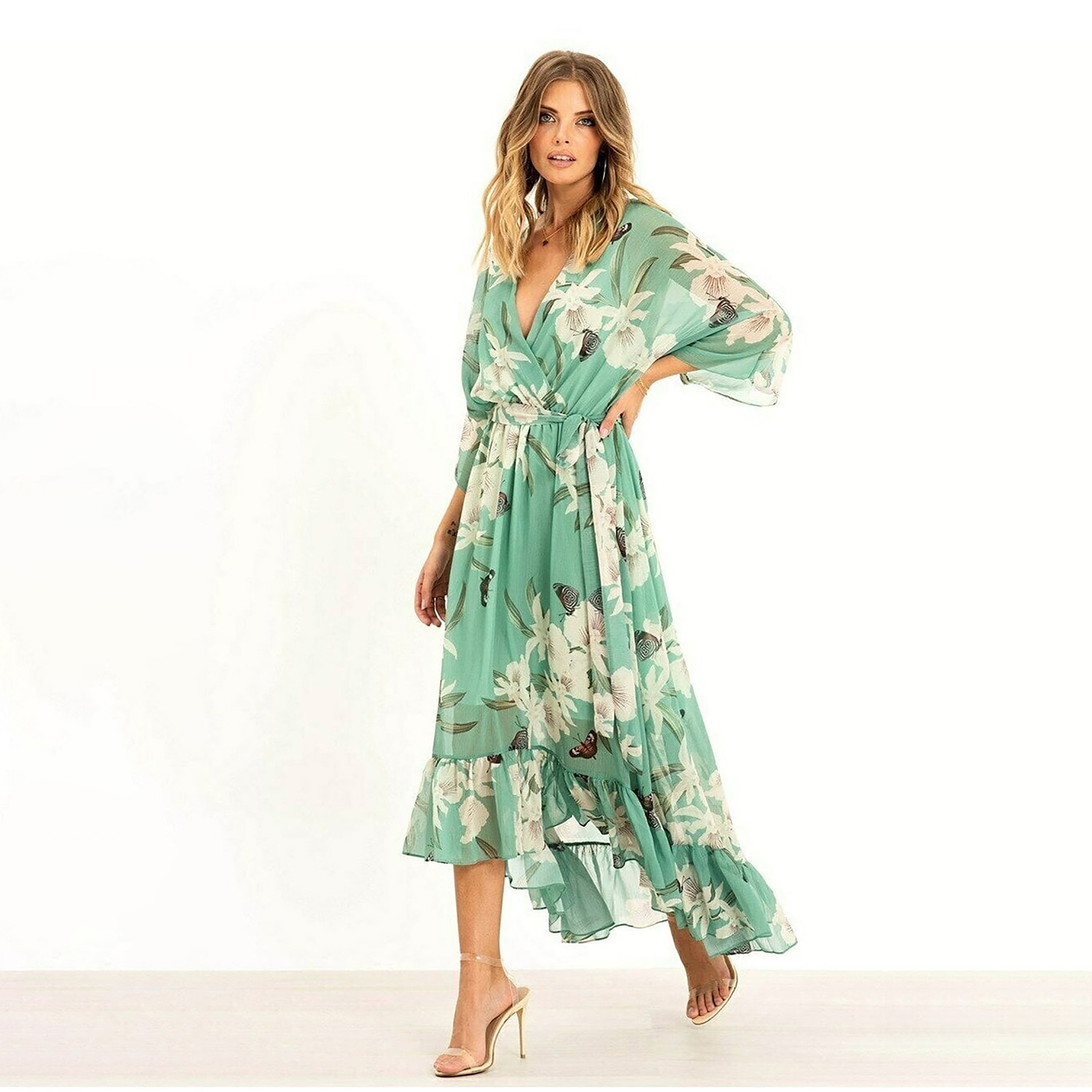 Yumi Floral Print Kimono Wrap Women's Midi Dress-women-clothing-dresses-image-2