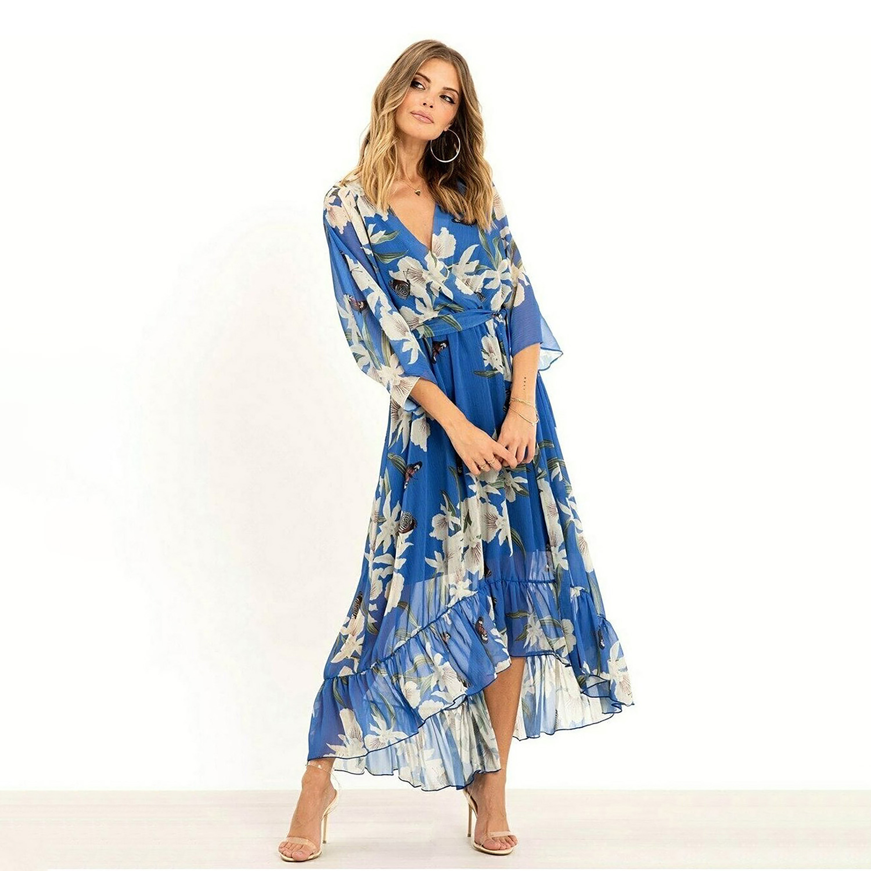 Yumi Floral Print Kimono Wrap Women's Midi Dress-women-clothing-dresses-image-6