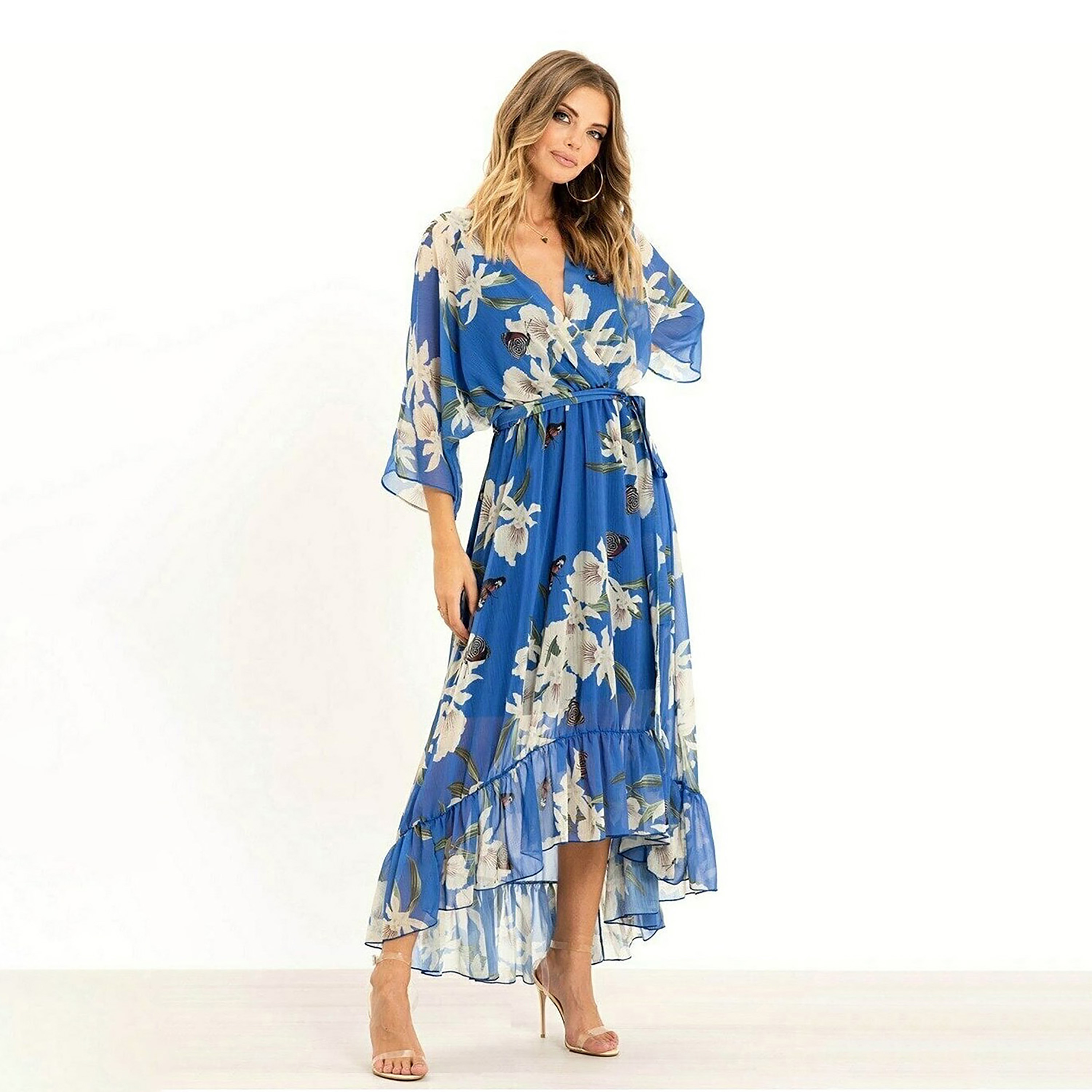 Yumi Floral Print Kimono Wrap Women's Midi Dress-women-clothing-dresses-image-7