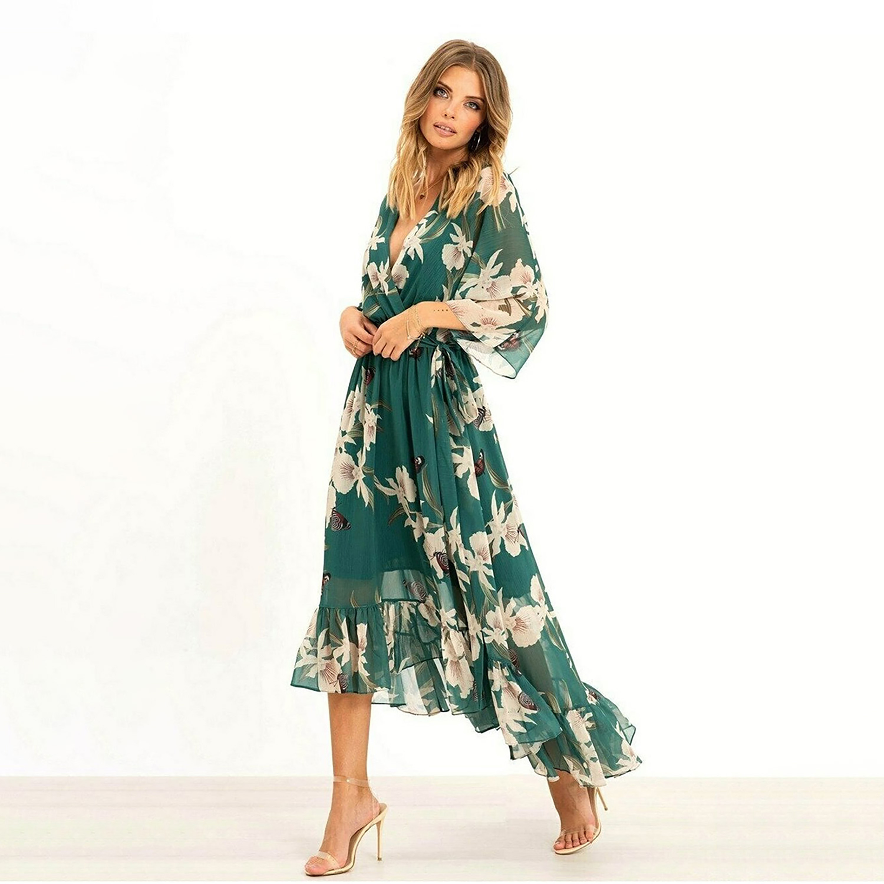 فستان متوسط الطول بطبعات الأزهار كيمونو ملفوف للنساء من يامي-women-clothing-dresses-image-3