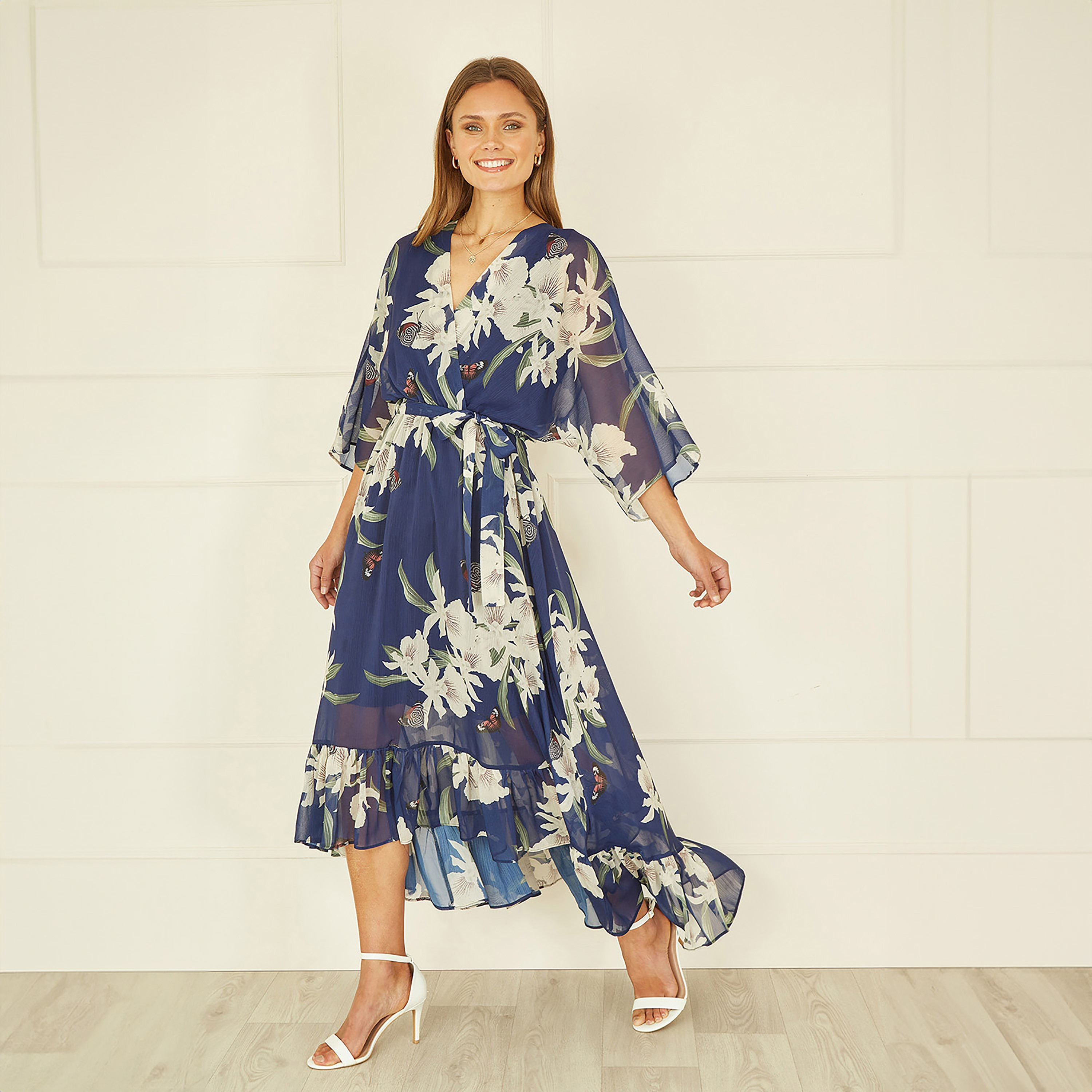 فستان متوسط الطول بطبعات الأزهار كيمونو ملفوف للنساء من يامي-women-clothing-dresses-image-3