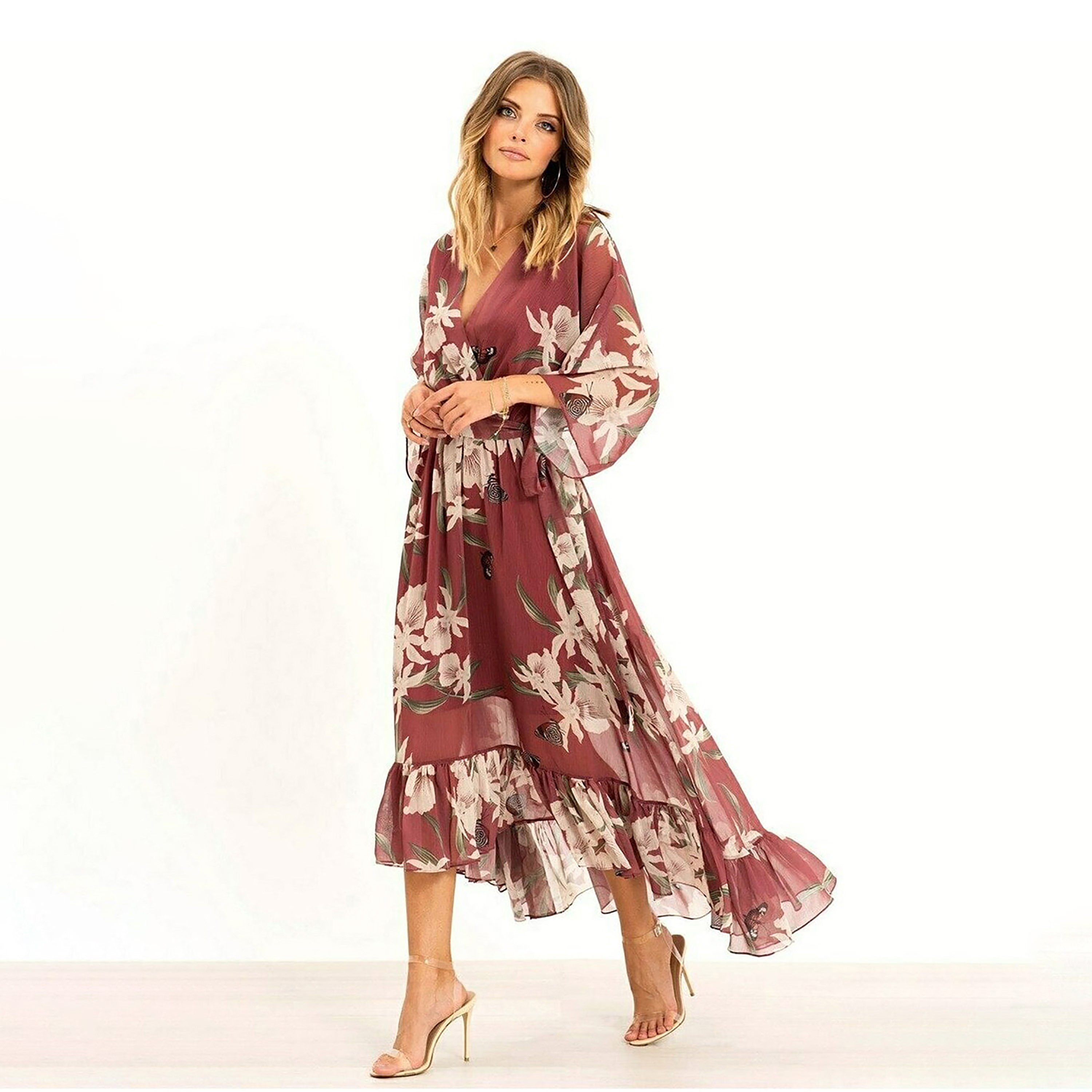 Yumi Floral Print Kimono Wrap Women's Midi Dress-women-clothing-dresses-image-13