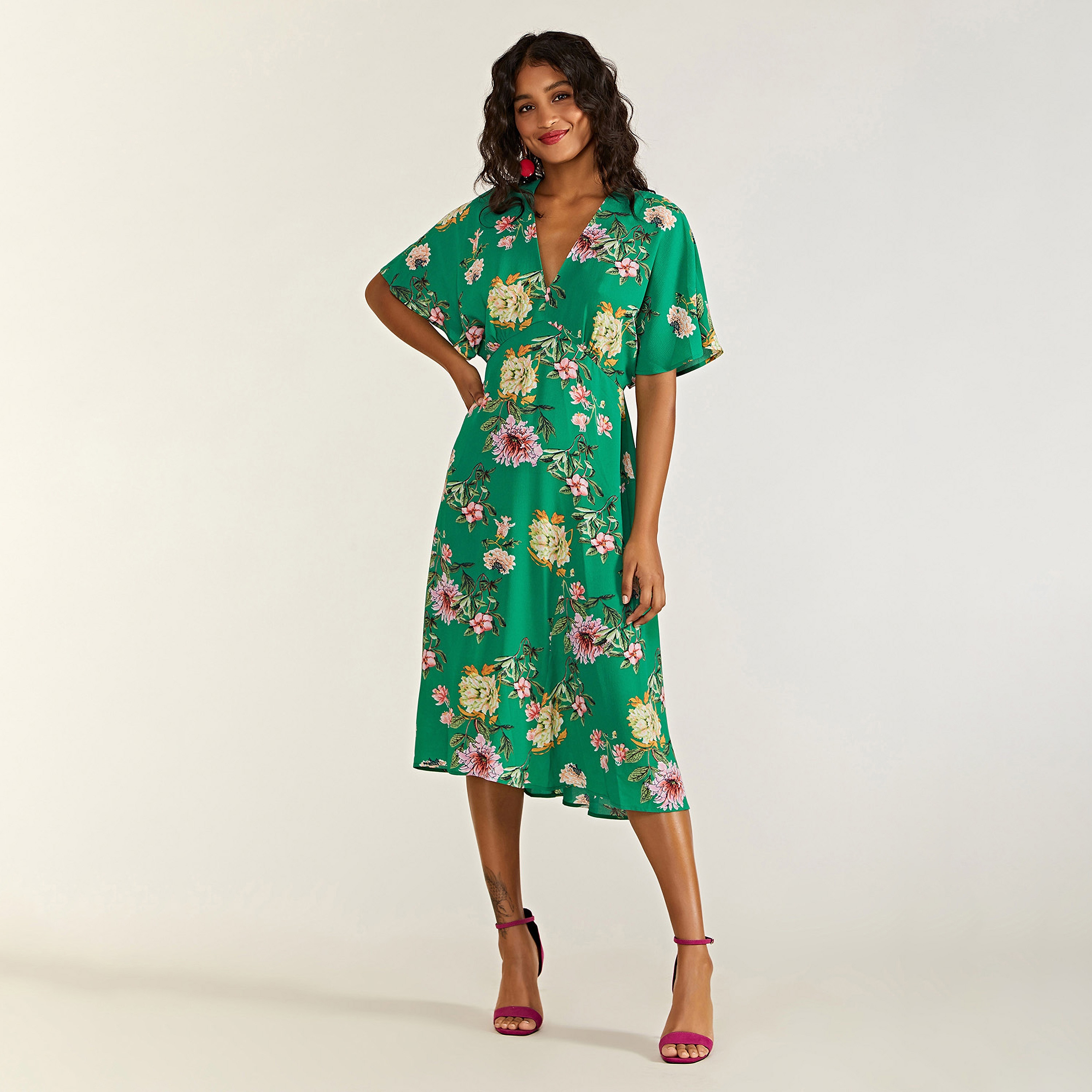 Yumi Green Floral Kimono Wrap Women's Midi Dress-women-clothing-dresses-image-1