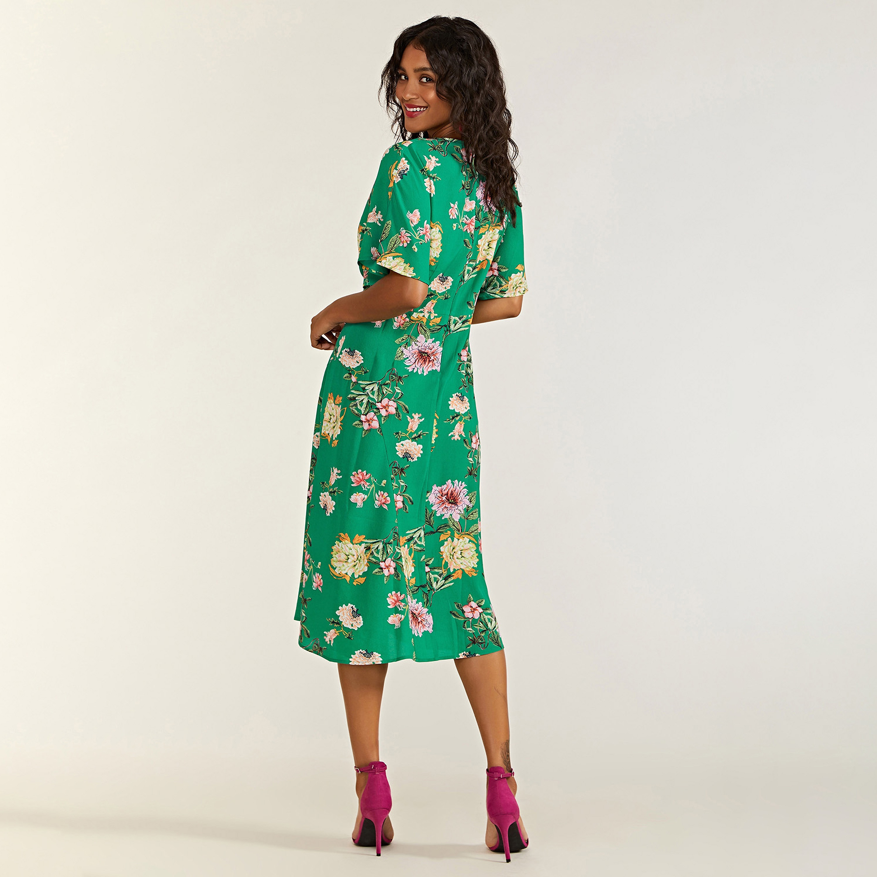 Yumi Green Floral Kimono Wrap Women's Midi Dress-women-clothing-dresses-image-2