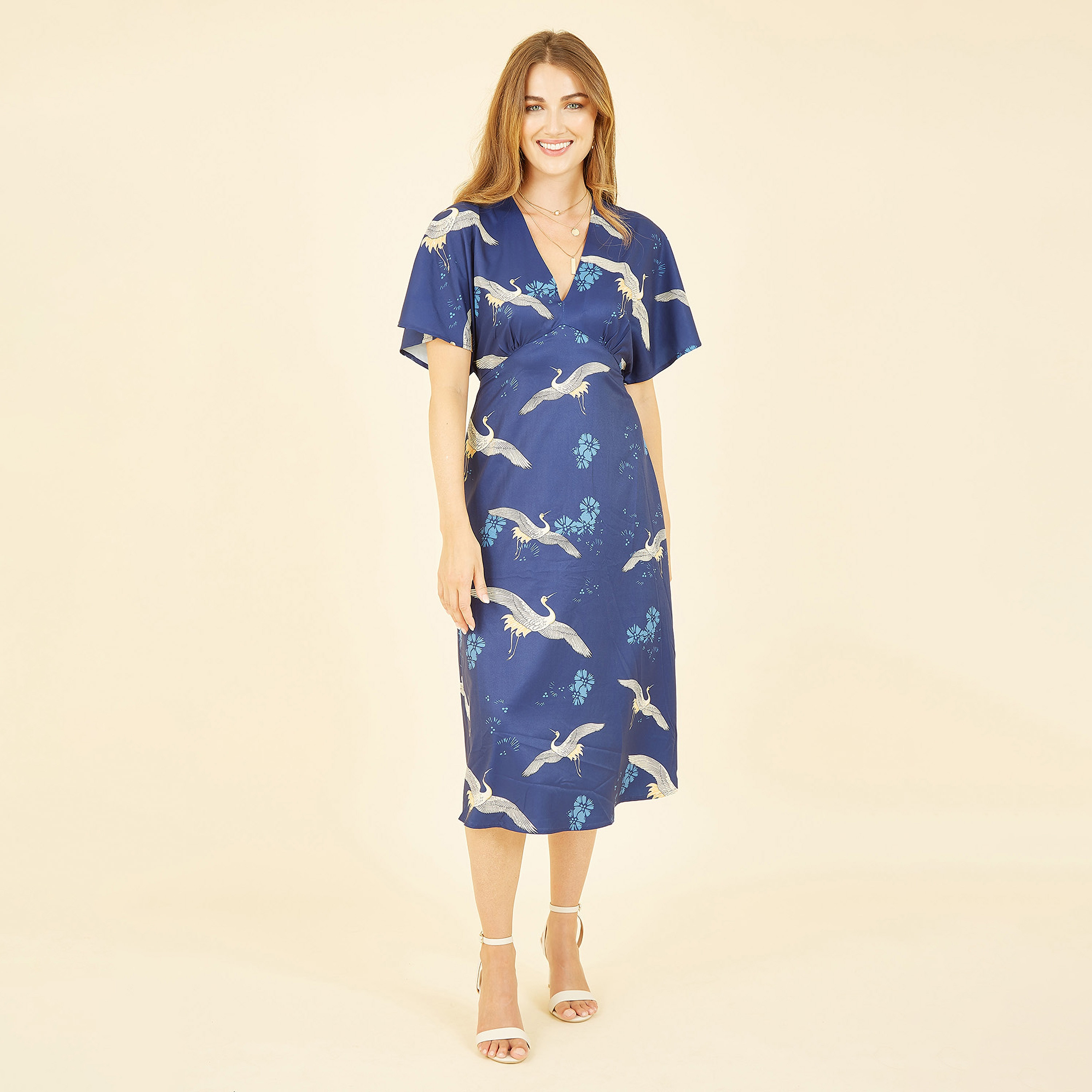 Yumi Navy Crane Print Kimono Women's Midi Dress-women-clothing-dresses-image-1