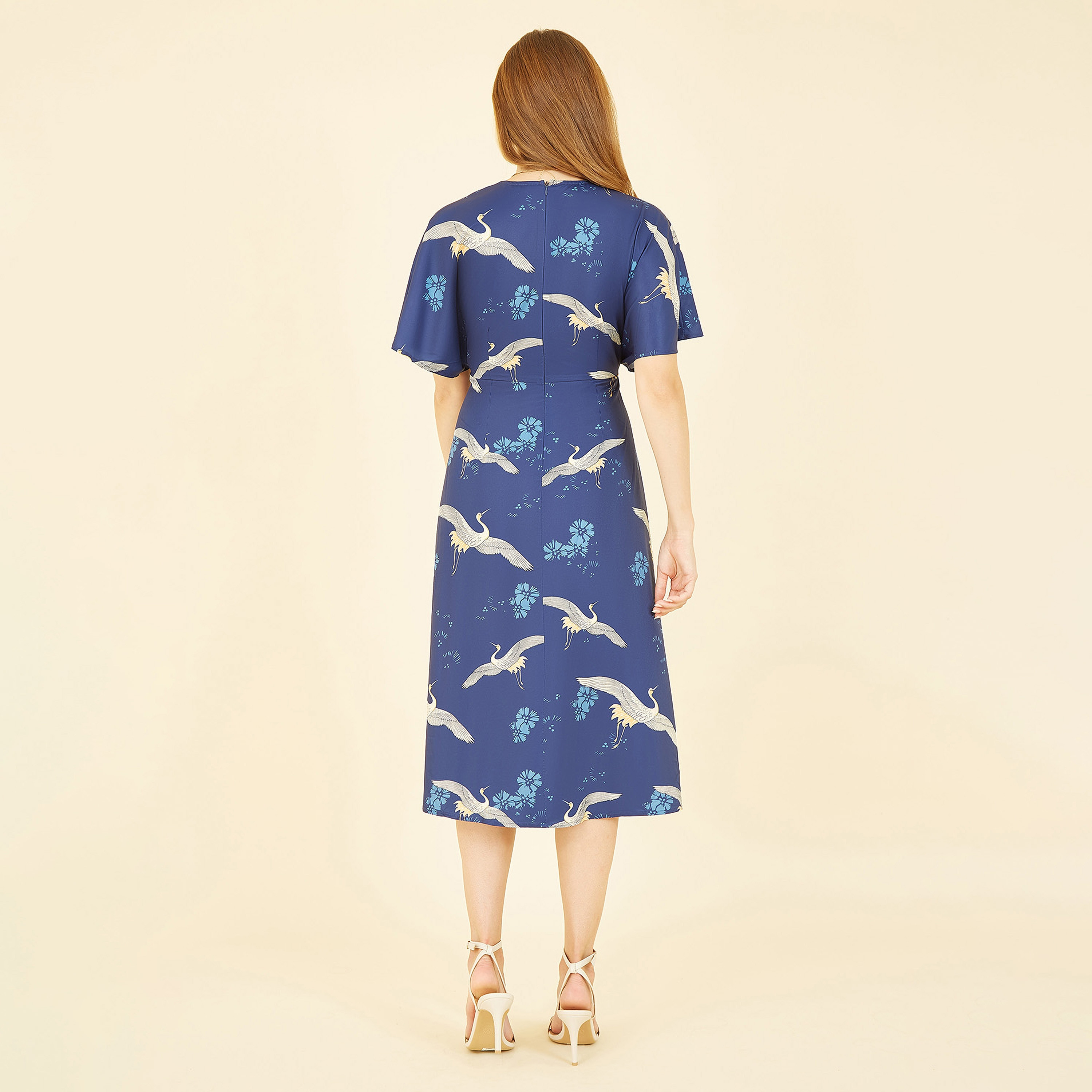 Yumi Navy Crane Print Kimono Women's Midi Dress-women-clothing-dresses-image-2