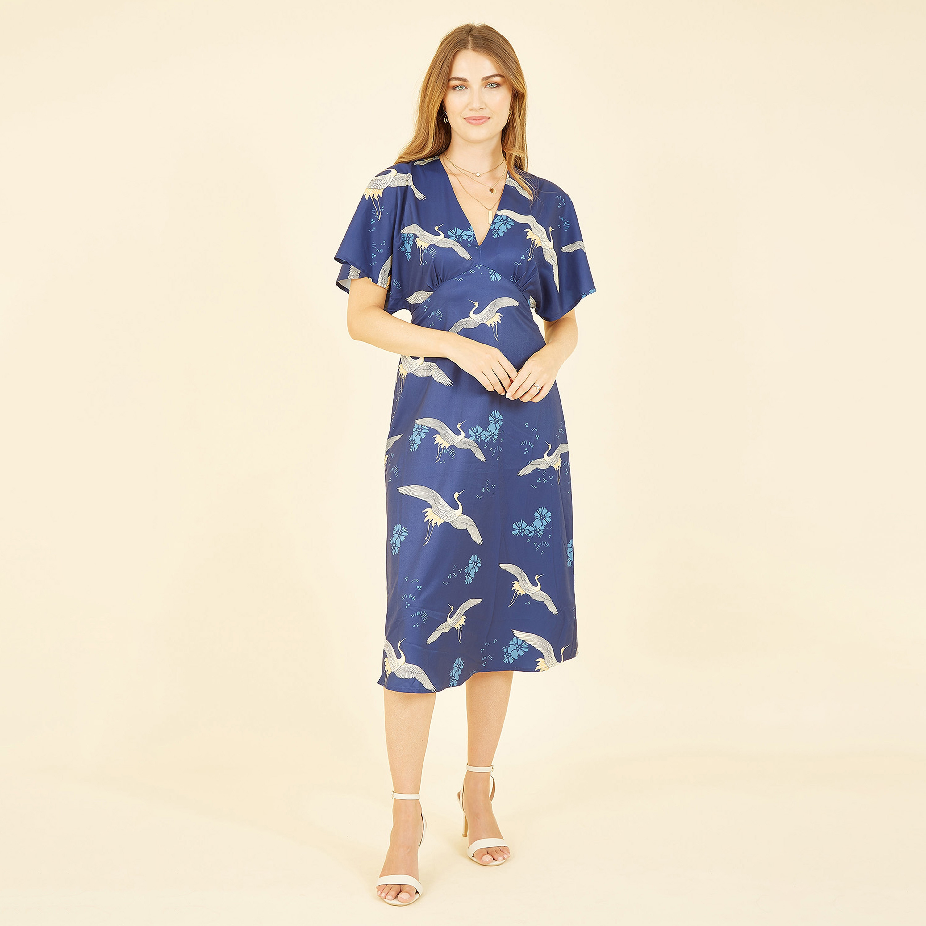 Yumi Navy Crane Print Kimono Women's Midi Dress-women-clothing-dresses-image-4