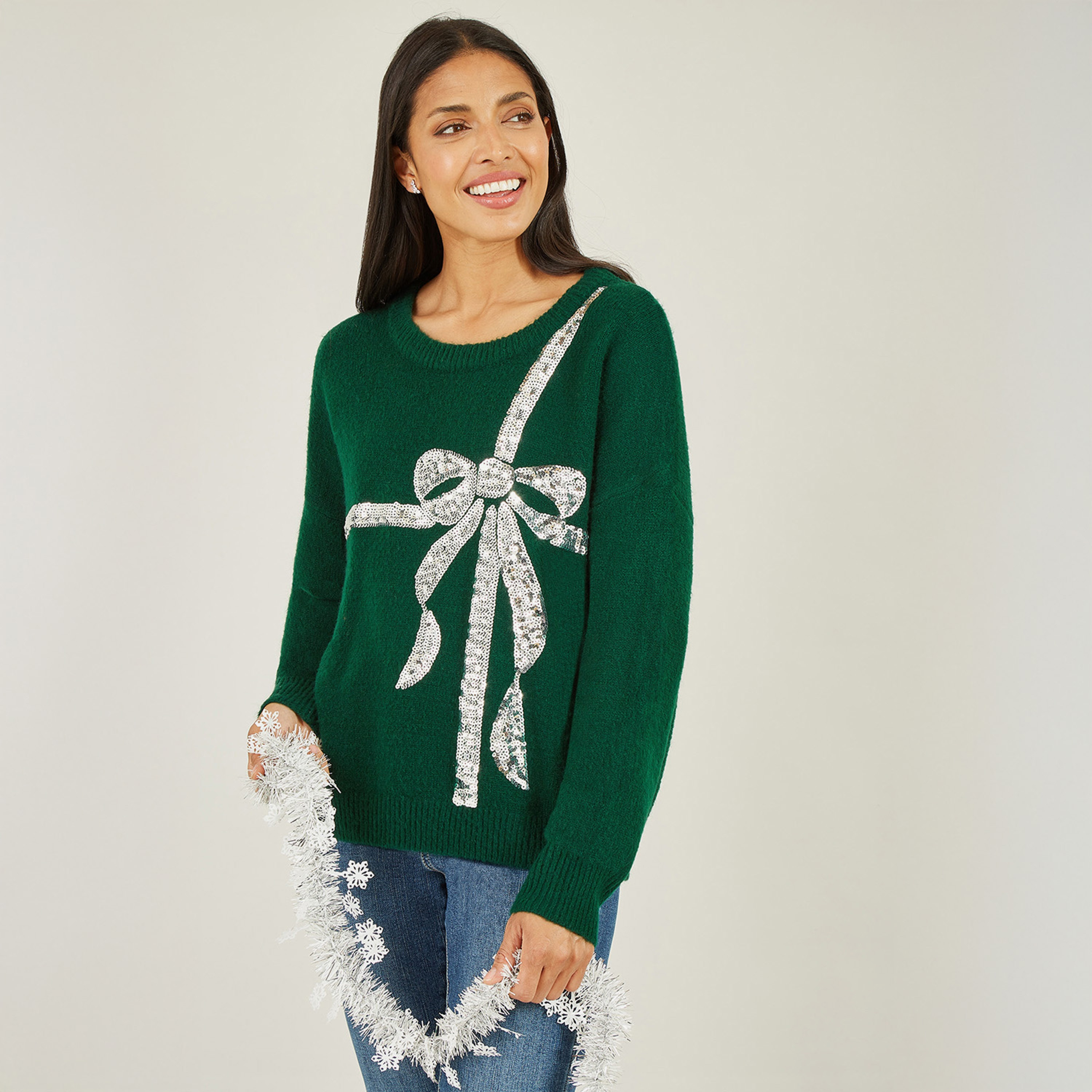 Yumi Green Sequin Bow Knitted Women's Jumper-women-winterwear-cardigansandjumpers-jumpers-image-1