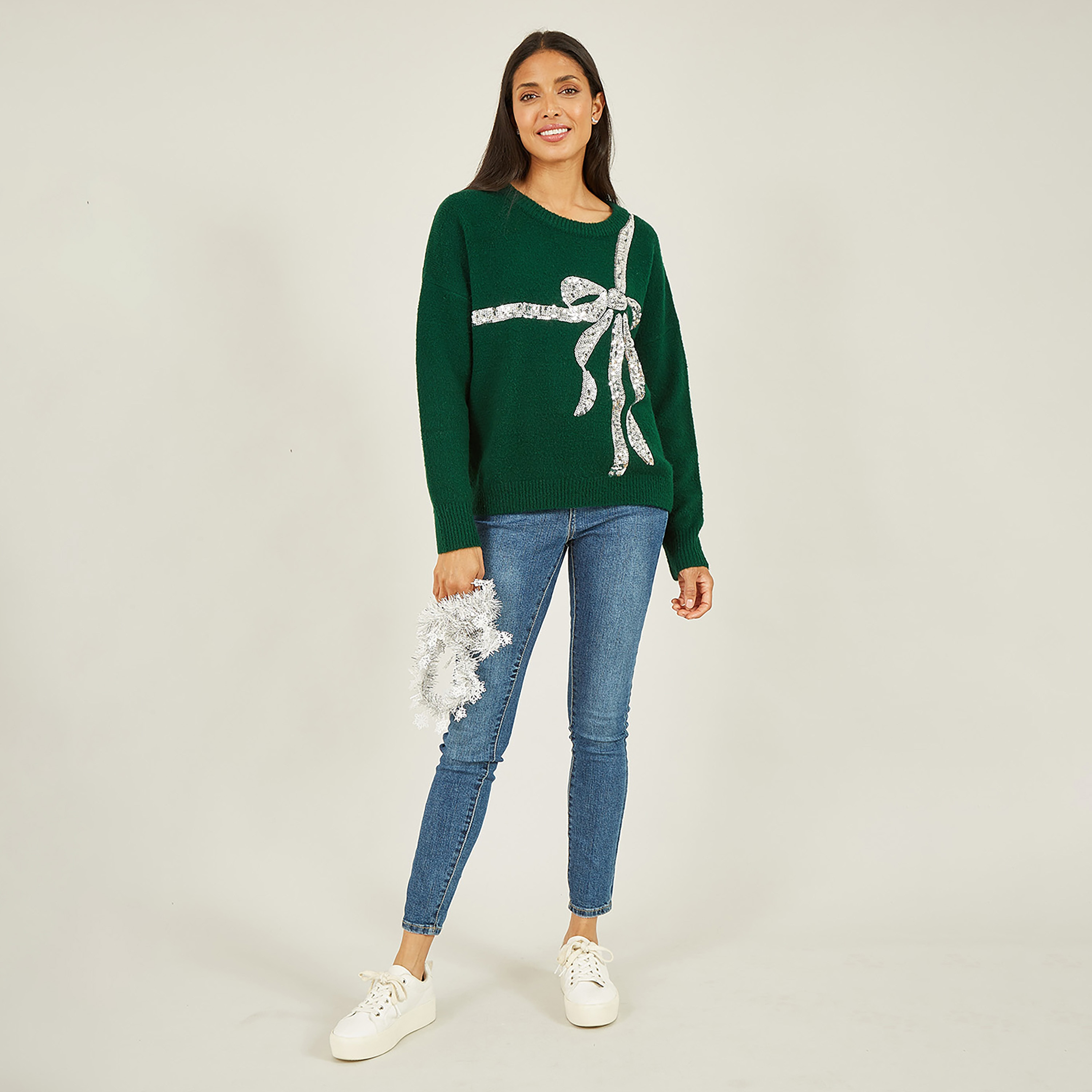 Yumi Green Sequin Bow Knitted Women's Jumper-women-winterwear-cardigansandjumpers-jumpers-image-2
