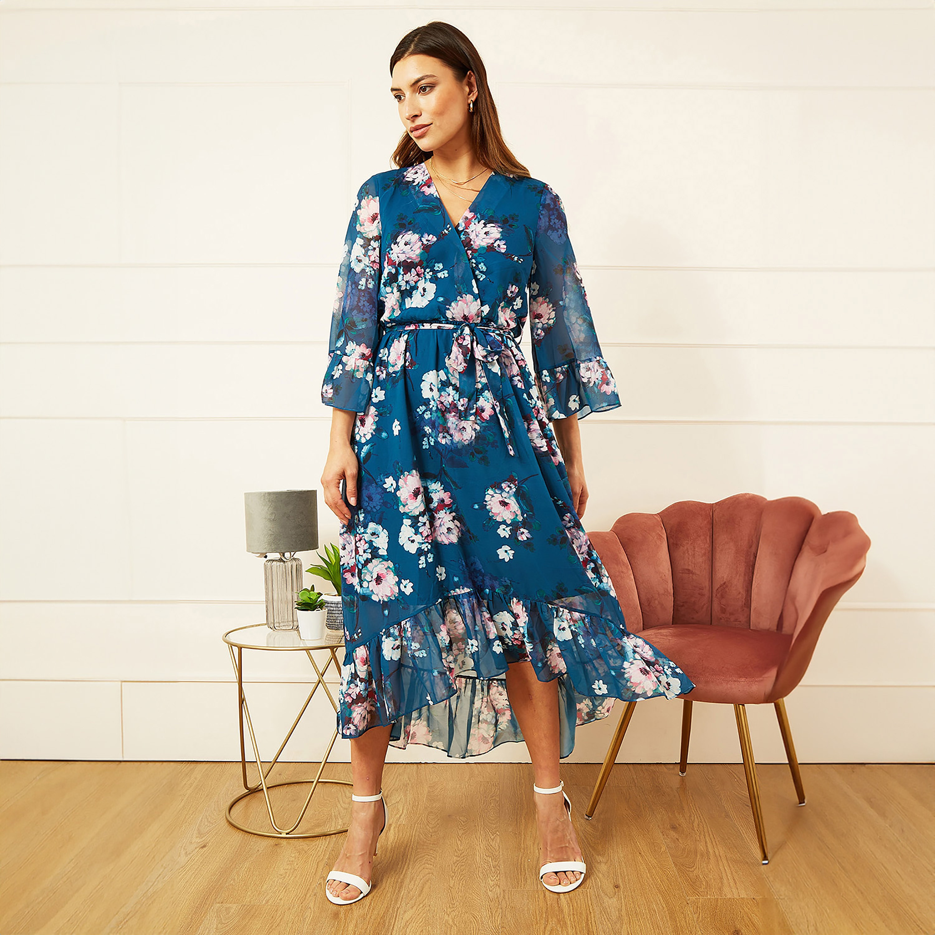Yumi Teal Watercolour Floral Dip Hem Wrap Women's Midi Dress-women-clothing-dresses-image-1