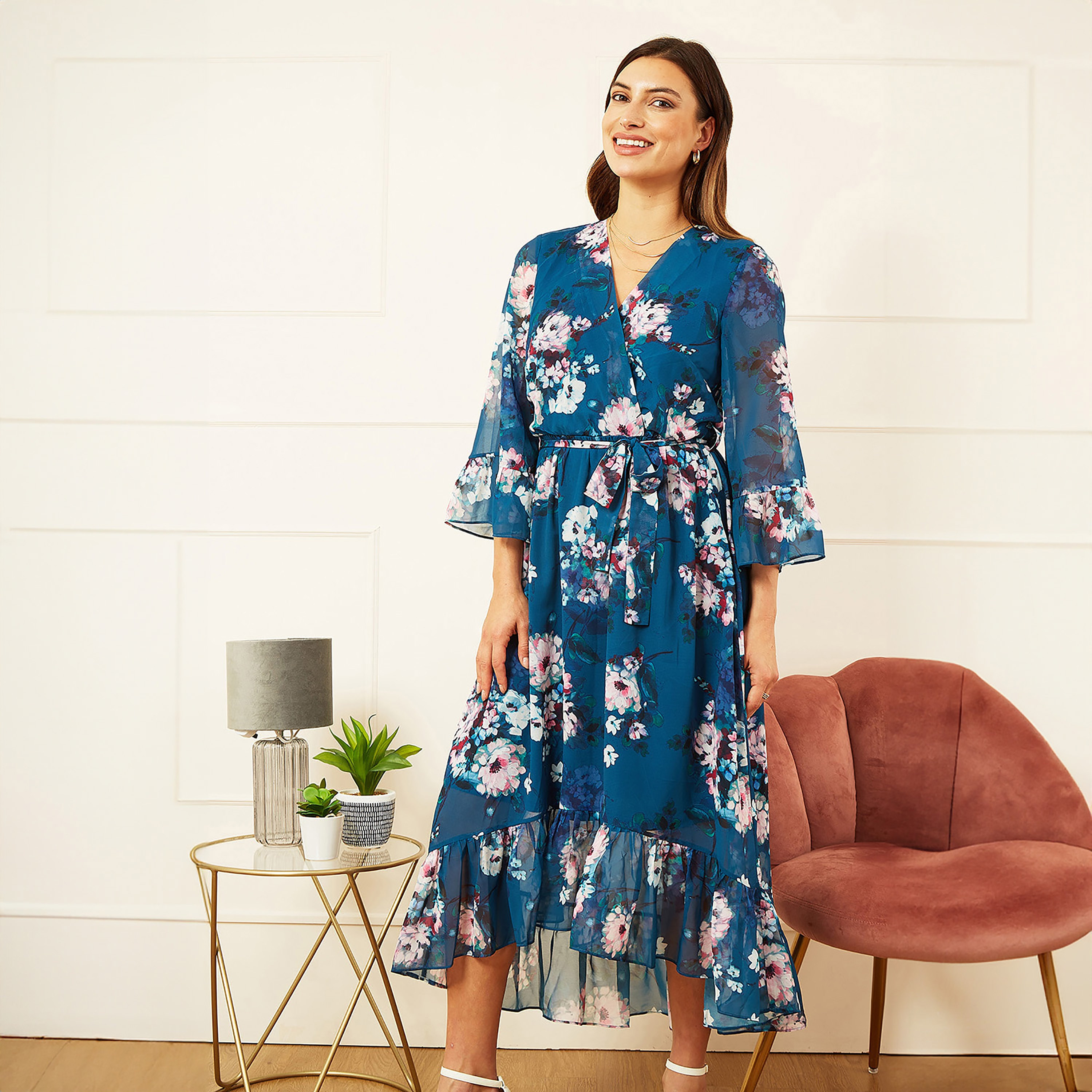 Yumi Teal Watercolour Floral Dip Hem Wrap Women's Midi Dress-women-clothing-dresses-image-3