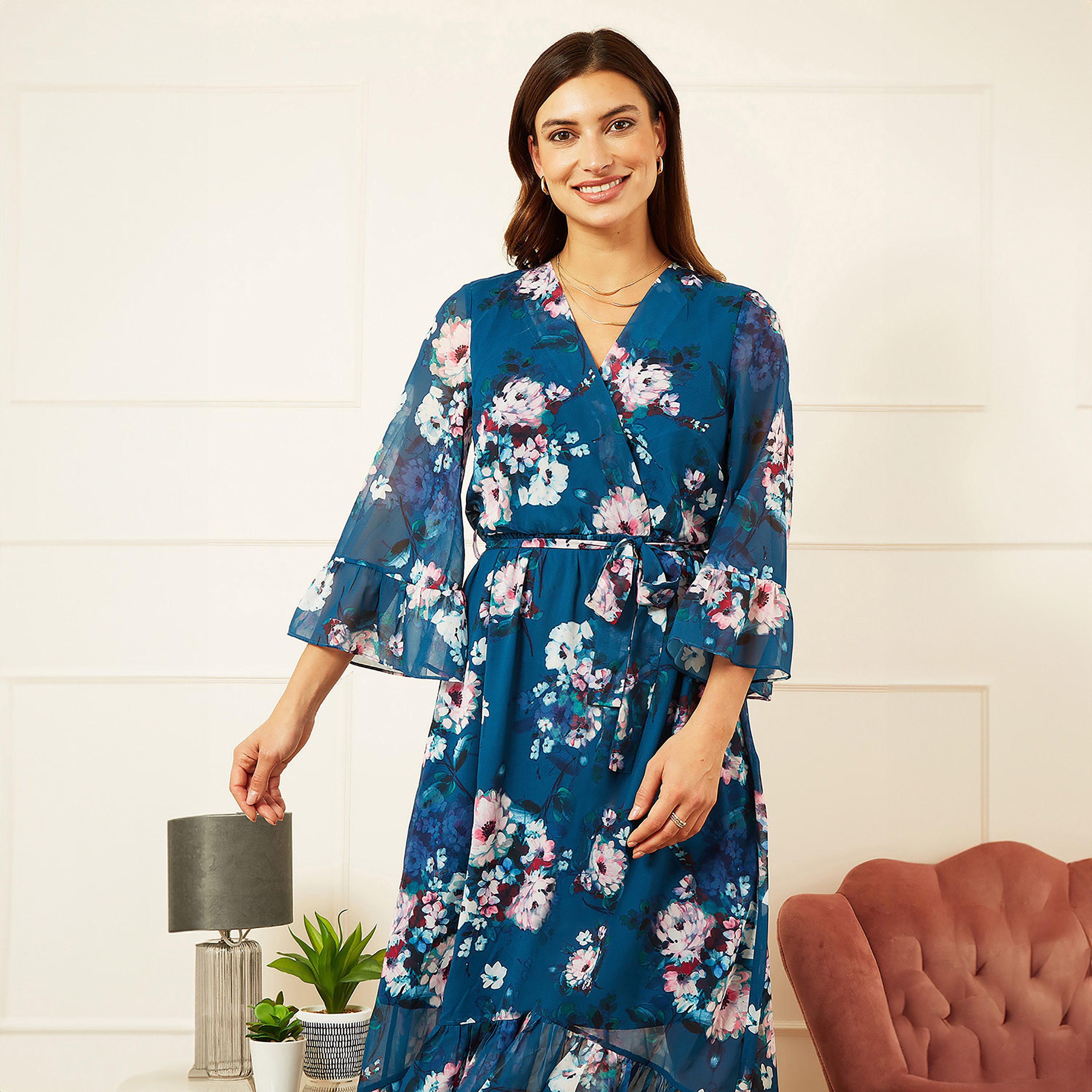 Yumi Teal Watercolour Floral Dip Hem Wrap Women's Midi Dress-women-clothing-dresses-image-4
