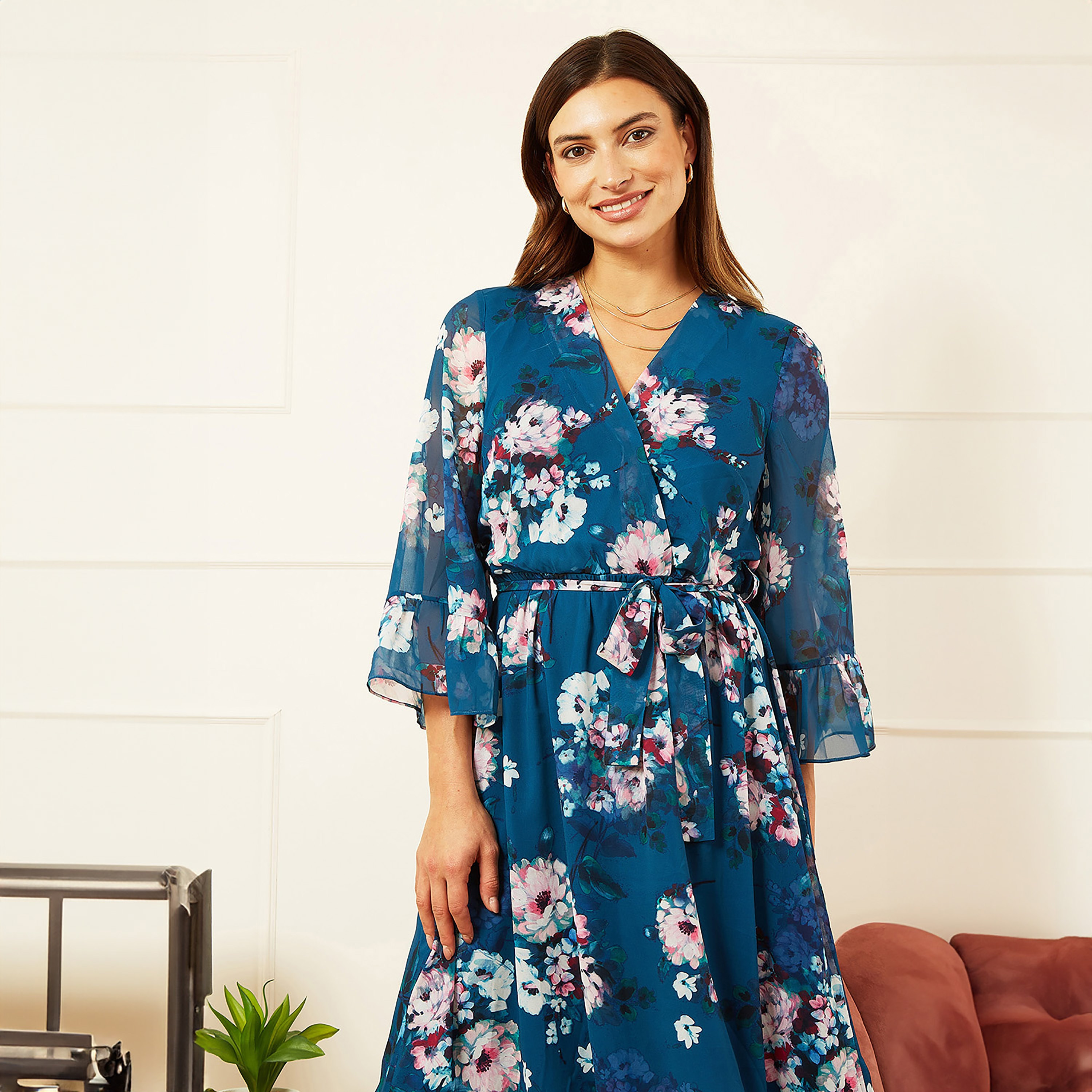 Yumi Teal Watercolour Floral Dip Hem Wrap Women's Midi Dress-women-clothing-dresses-image-6