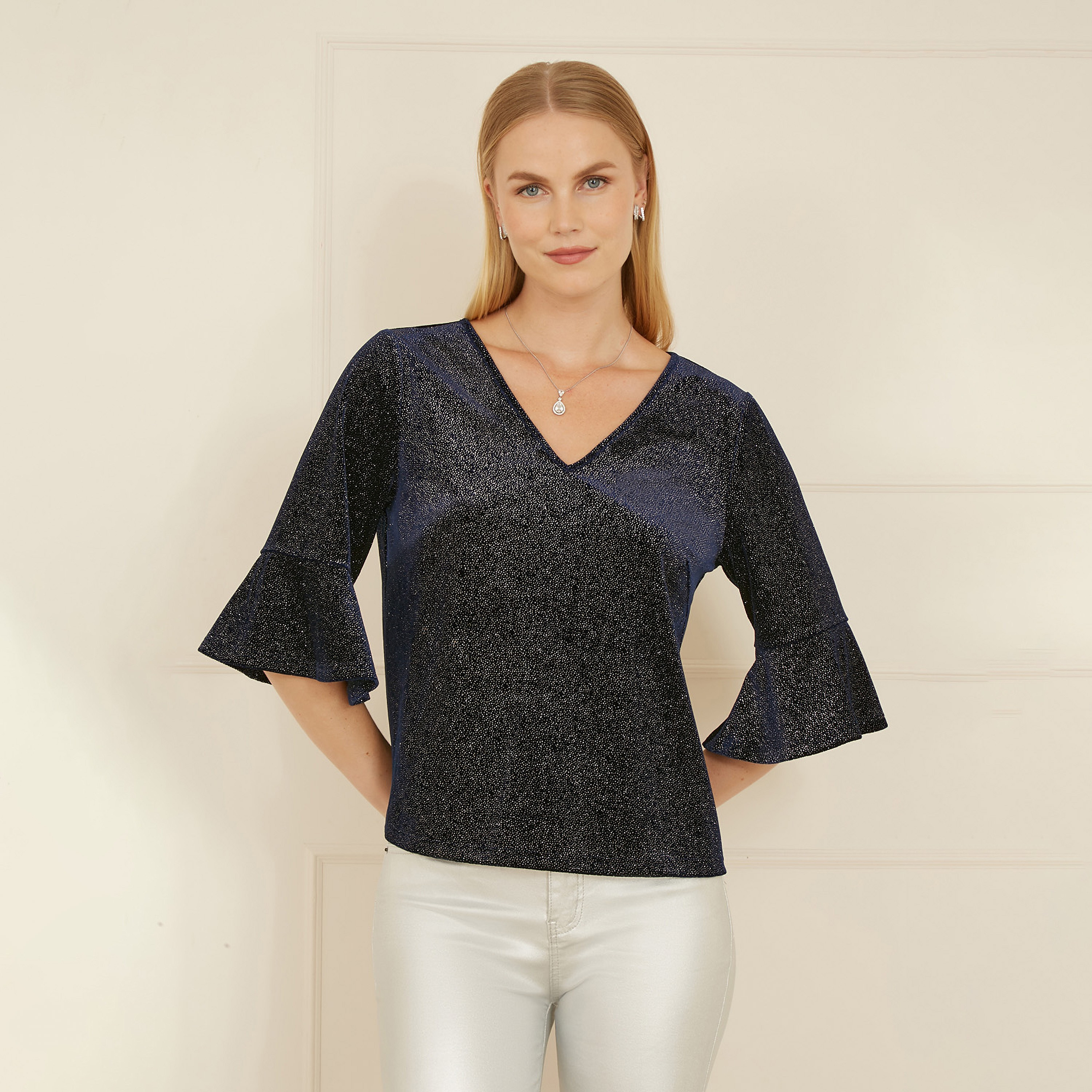 Yumi Navy Sparkle Velvet Relaxed Fit Evening Women's Top with Fluted Sleeves-women-clothing-shirtsandblouses-blouses-image-1