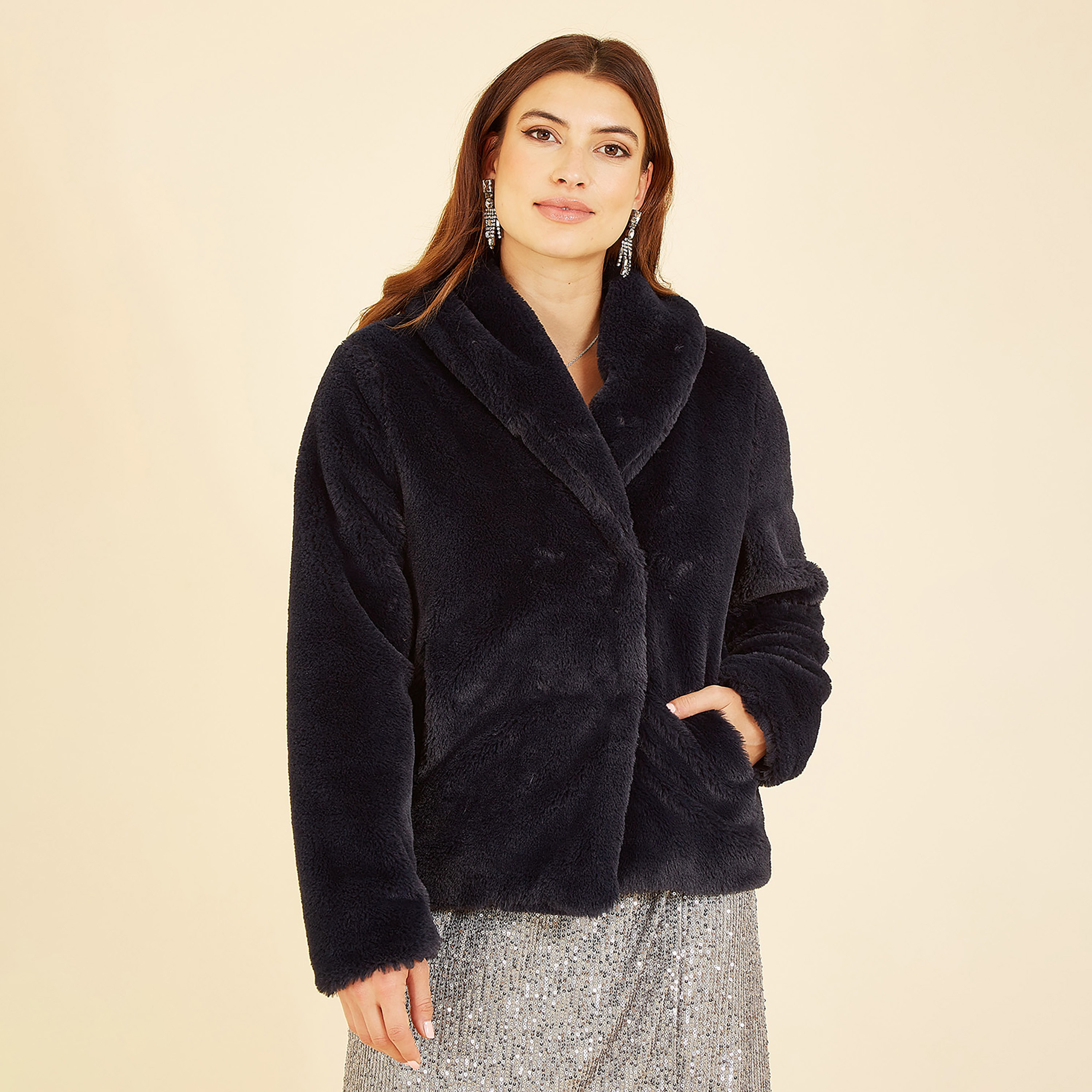 Yumi Black Short Wrap Faux Fur Lapel Collared Women's Coat Jacket-women-clothing-coatsandjackets-jackets-image-1