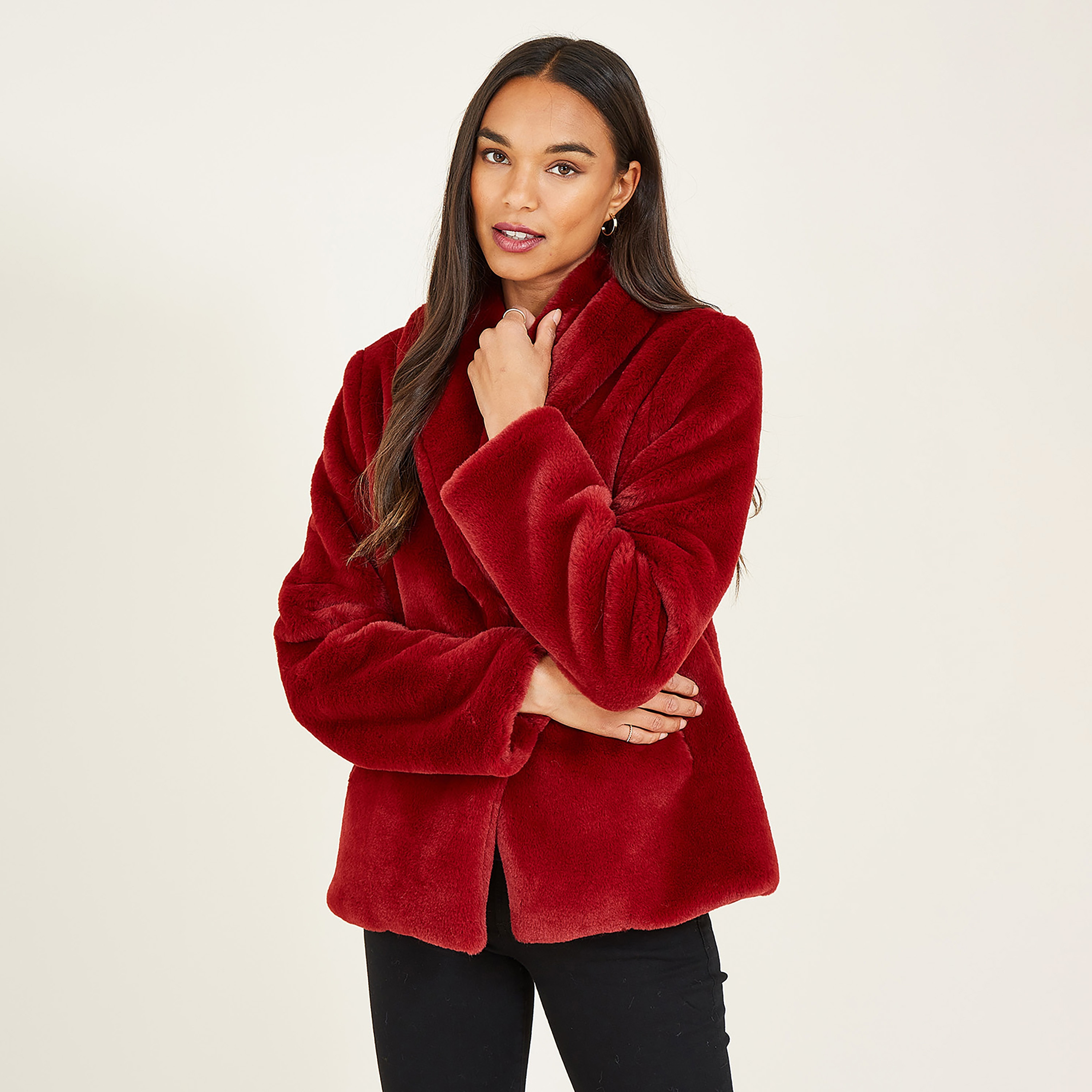 Yumi Red Short Wrap Faux Fur Lapel Collared Women's Coat Jacket-women-clothing-coatsandjackets-jackets-image-1