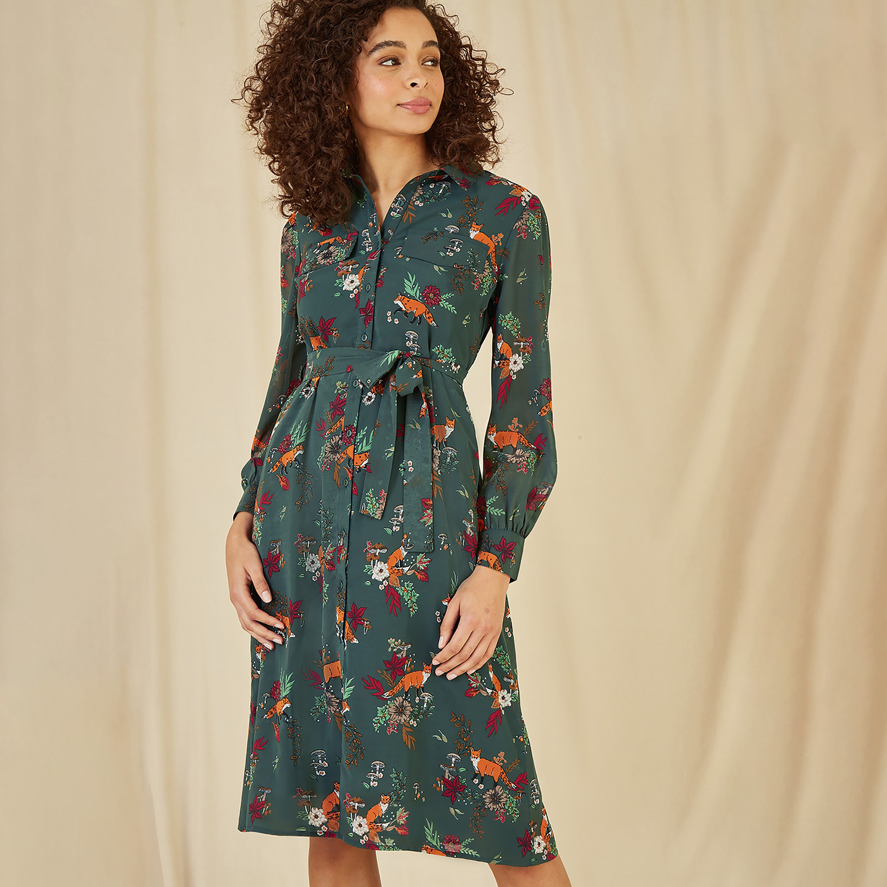 فستان نسائي متوسط الطول بطبعة ثعلب أخضر معاد تدويره من يامي-women-clothing-dresses-image-2