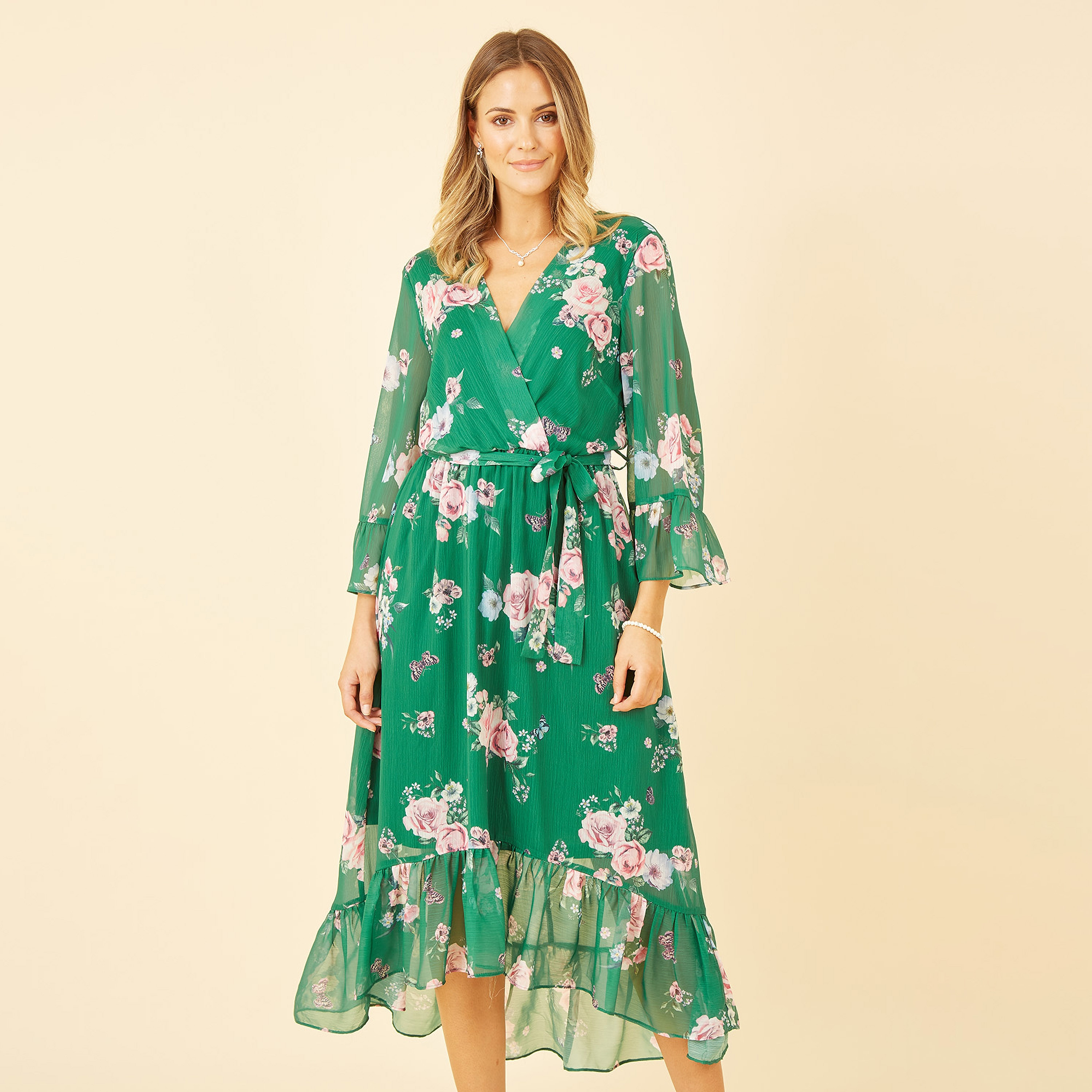 Yumi Green Floral Wrap Women's Midi Dress with Dipped Hem-women-clothing-dresses-image-1