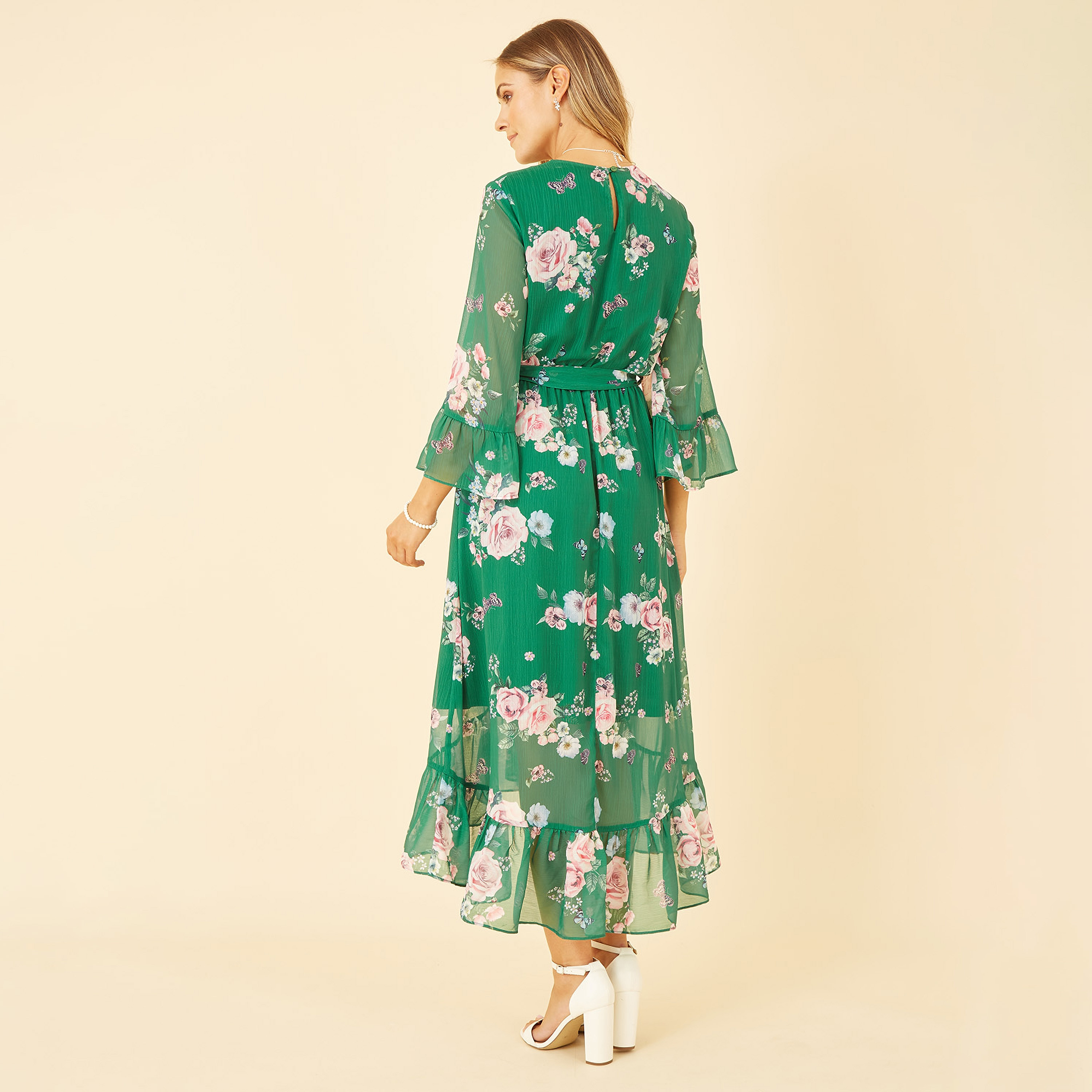 فستان أخضر زهري متوسط الطول للنساء مع حافة منخفضة من يامي-women-clothing-dresses-image-2