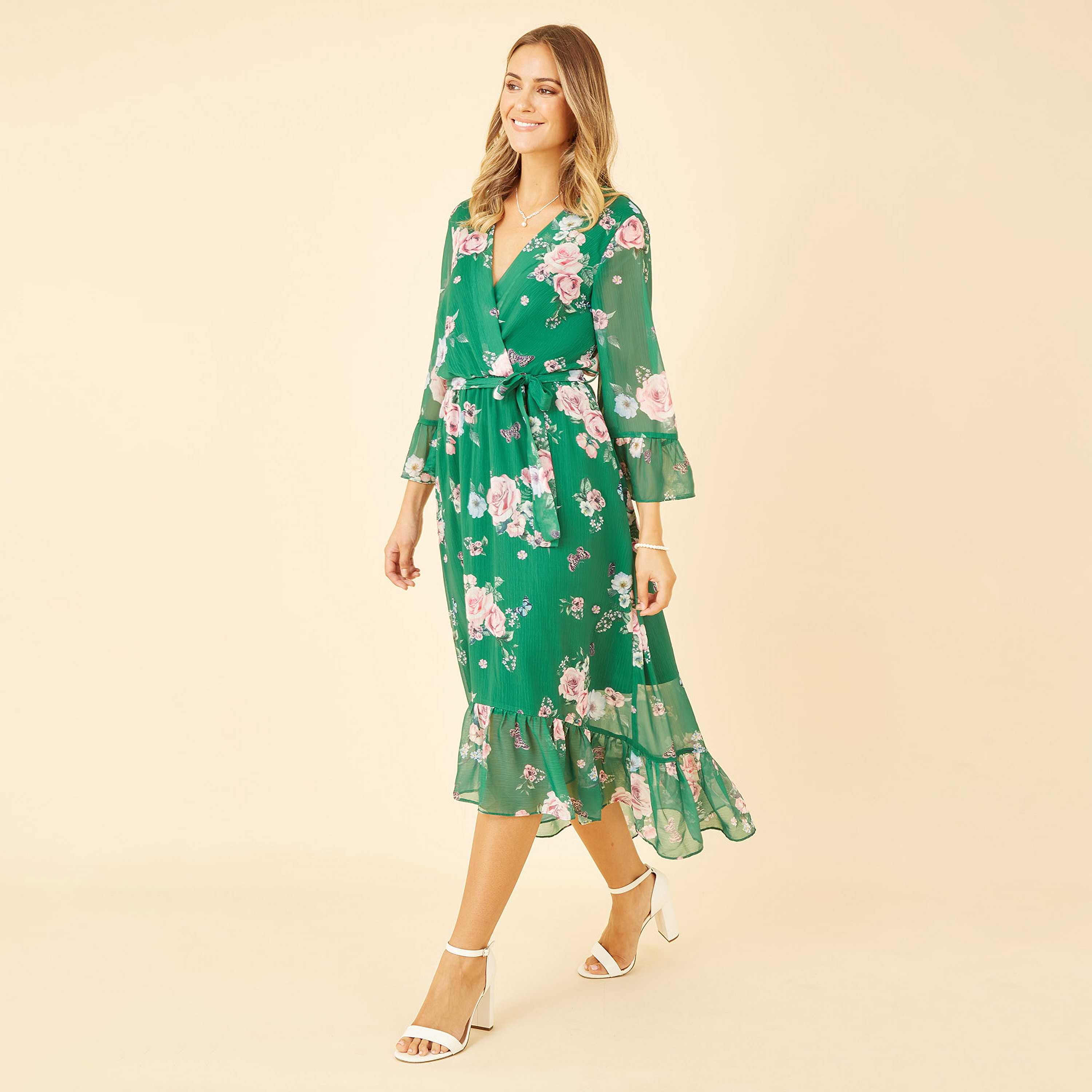 Yumi Green Floral Wrap Women's Midi Dress with Dipped Hem-women-clothing-dresses-image-3