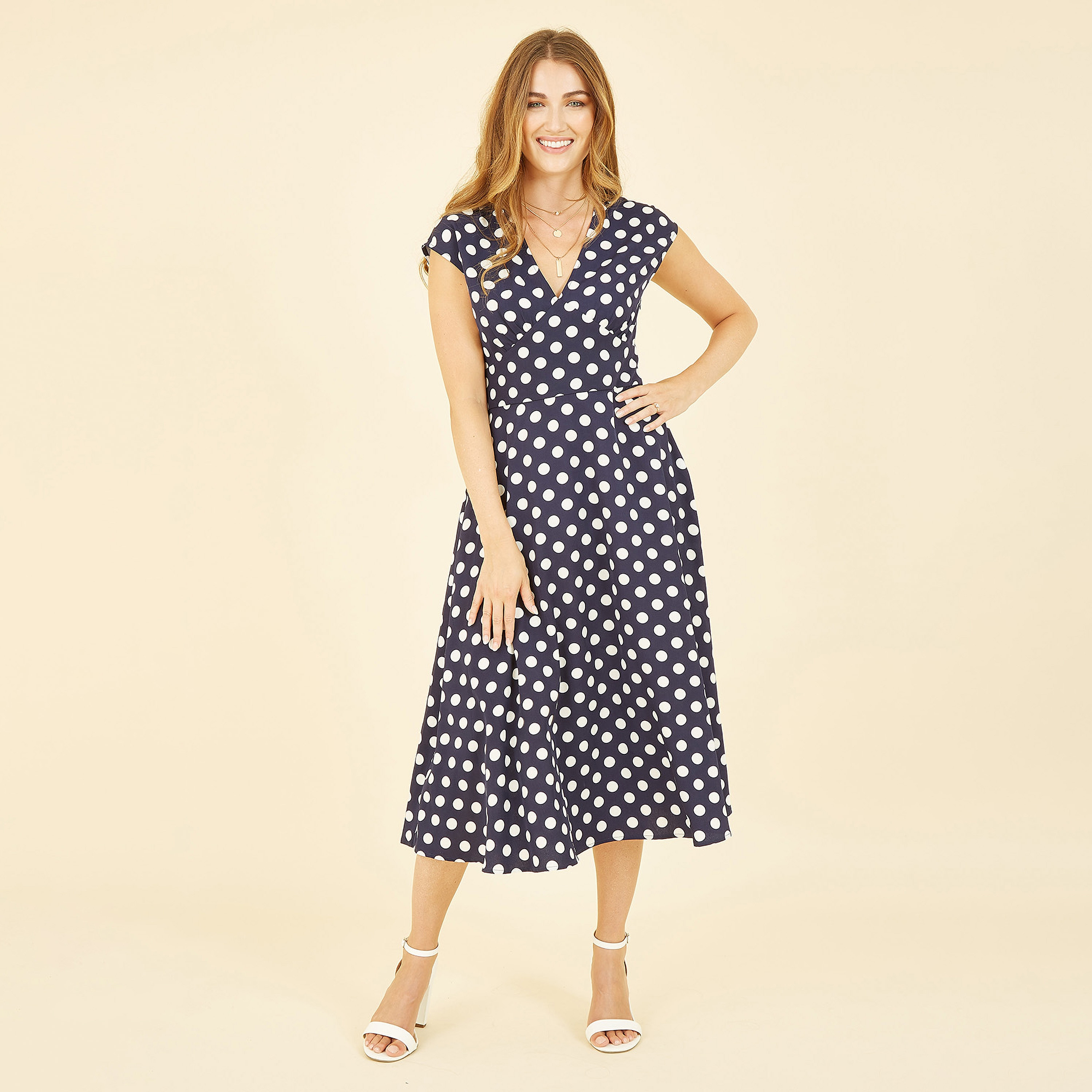 فستان ميدي بأكمام كيمونو بطبعة بقع باللون الأزرق الداكن للنساء من يامي-women-clothing-dresses-image-1