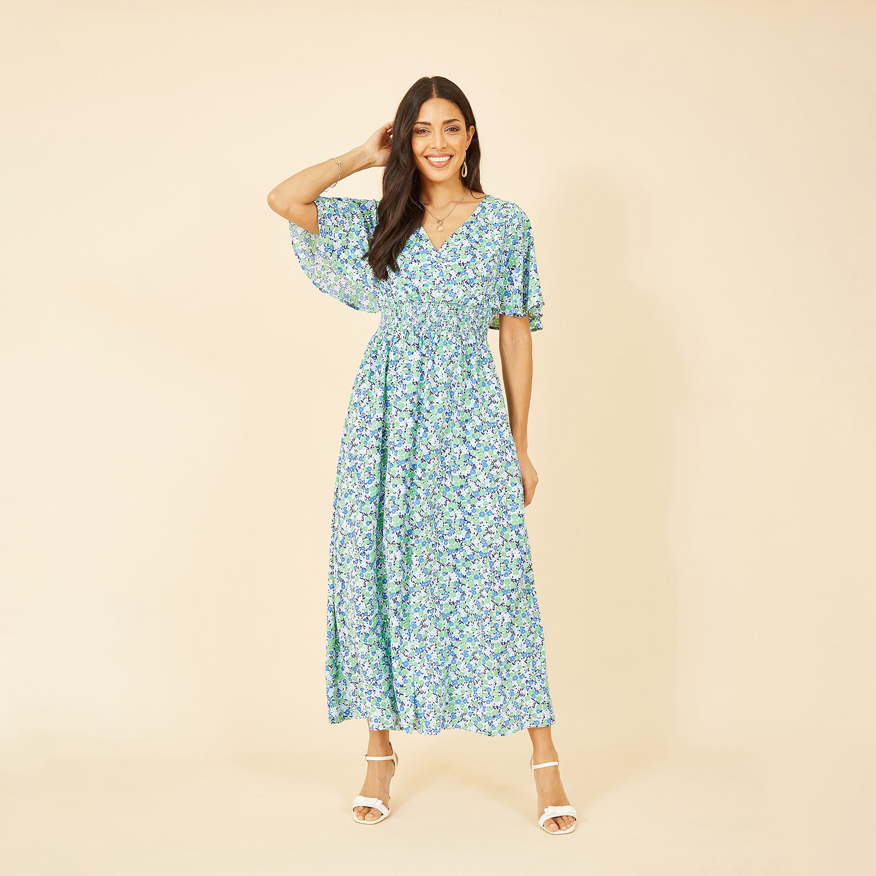 فستان ماكسي نسائي بفتحة وطبعة زهور خضراء من يامي-women-clothing-dresses-image-1