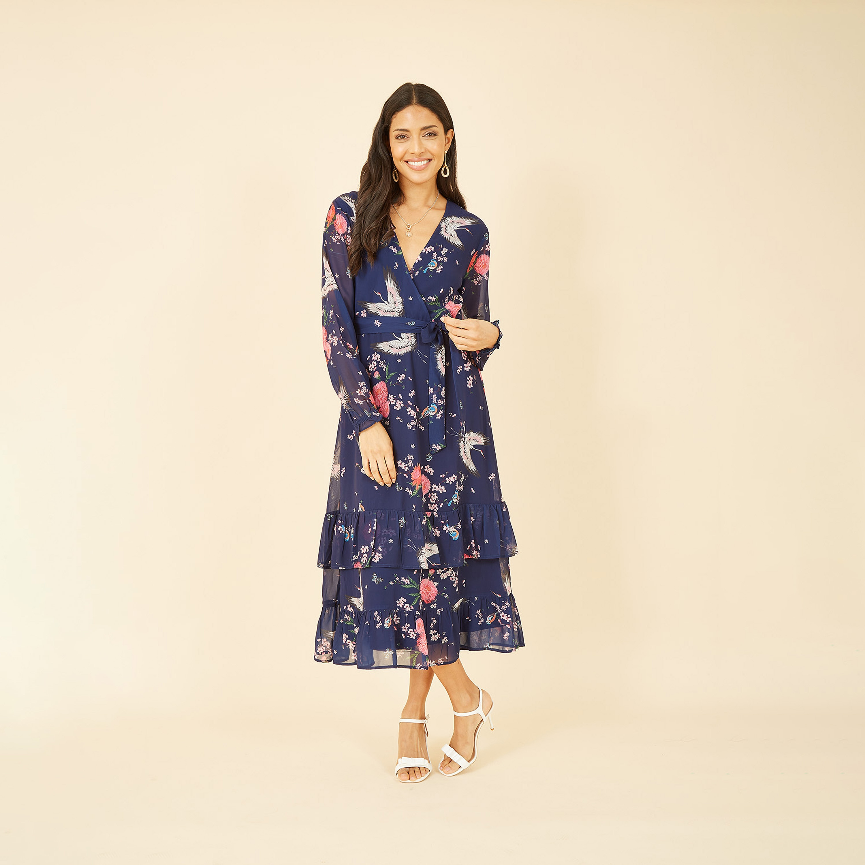 Yumi Crane Print Long Sleeve Wrap Women's Midi Dress-women-clothing-dresses-image-3