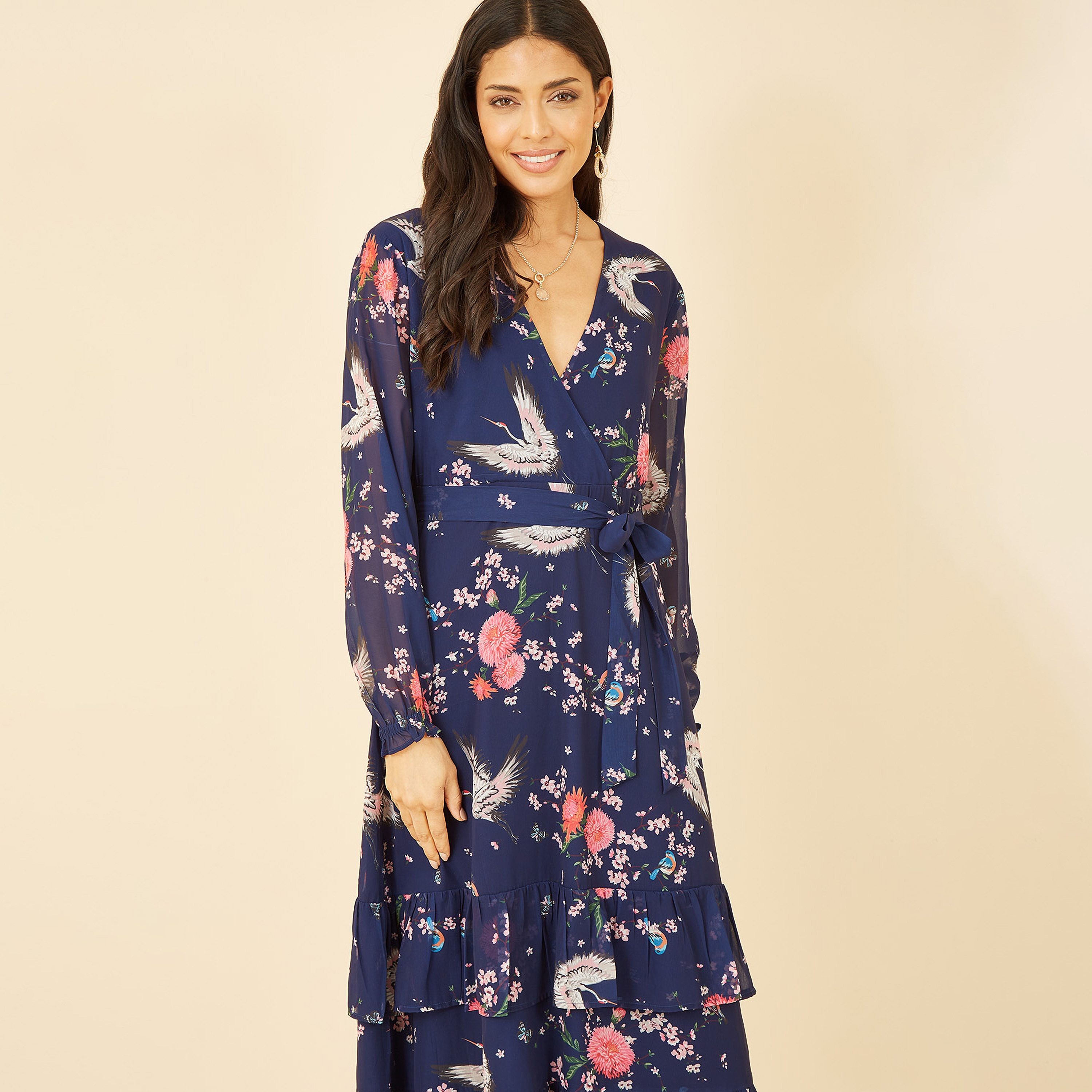 Yumi Crane Print Long Sleeve Wrap Women's Midi Dress-women-clothing-dresses-image-4