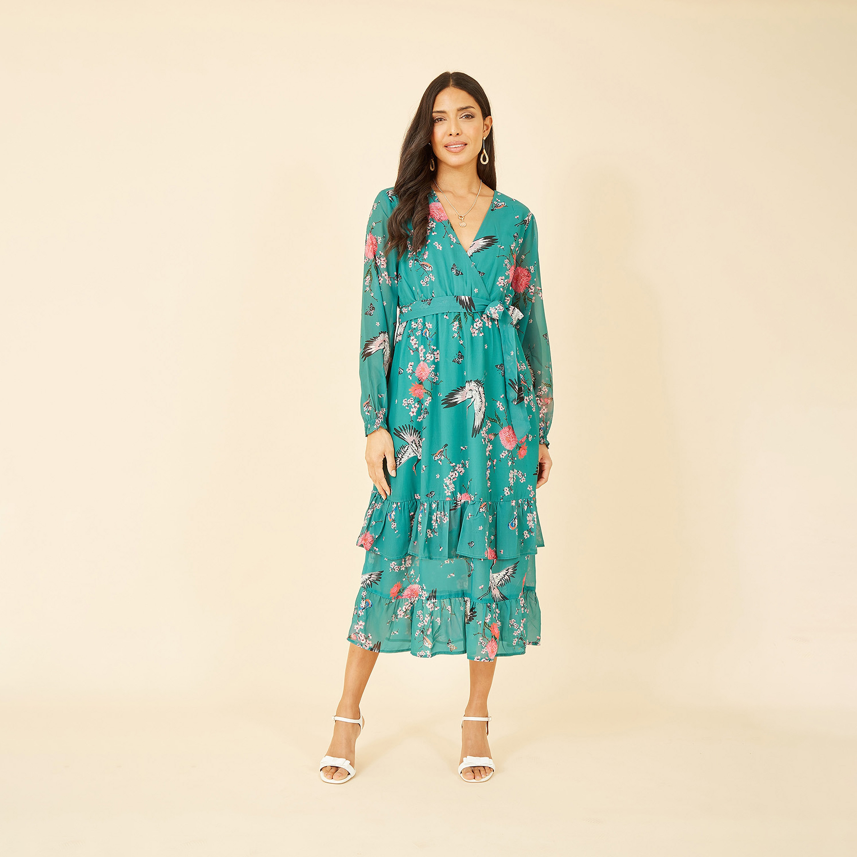 فستان نسائي متوسط الطول بأكمام طويلة بطبعة كرين من يامي-women-clothing-dresses-image-1