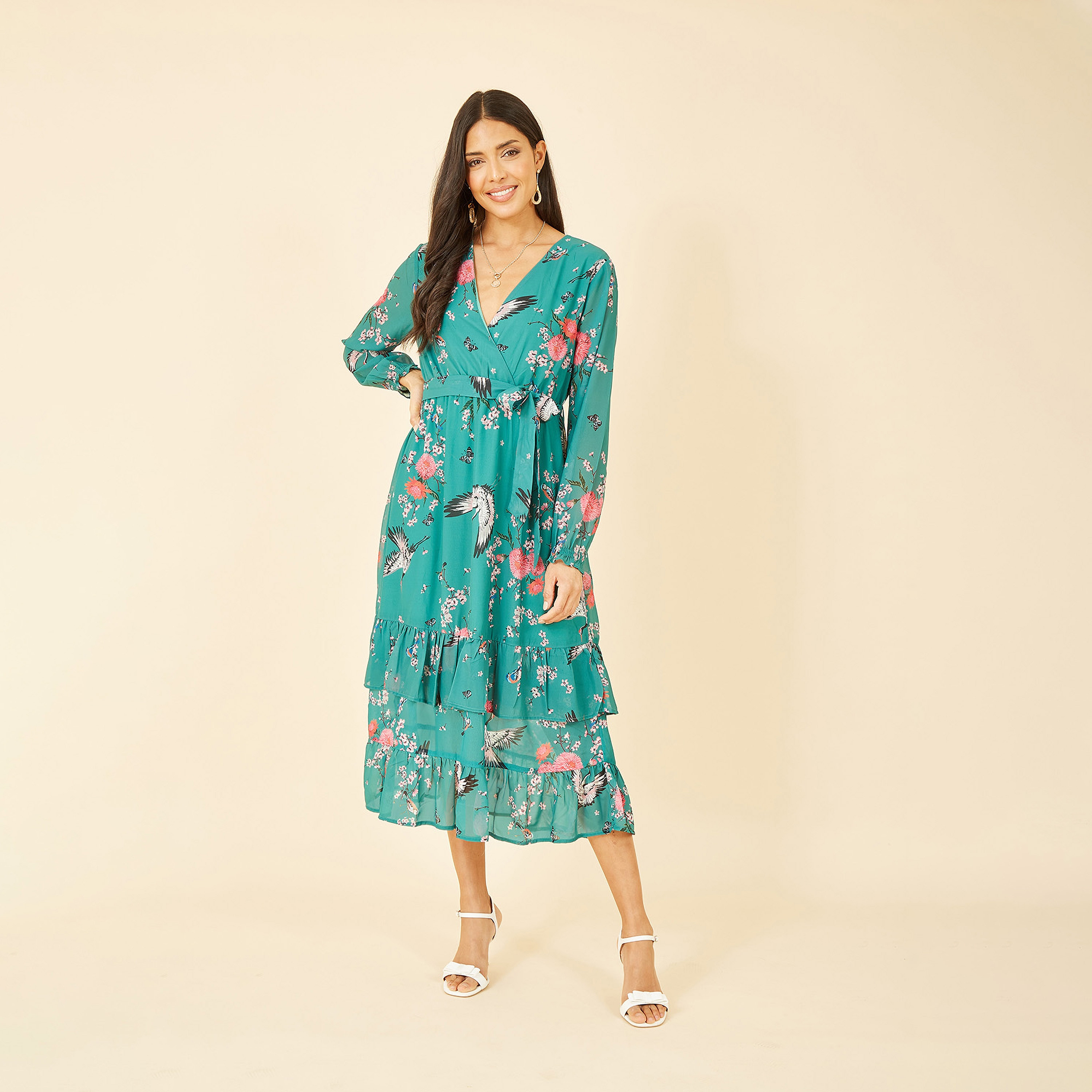 فستان نسائي متوسط الطول بأكمام طويلة بطبعة كرين من يامي-women-clothing-dresses-image-3