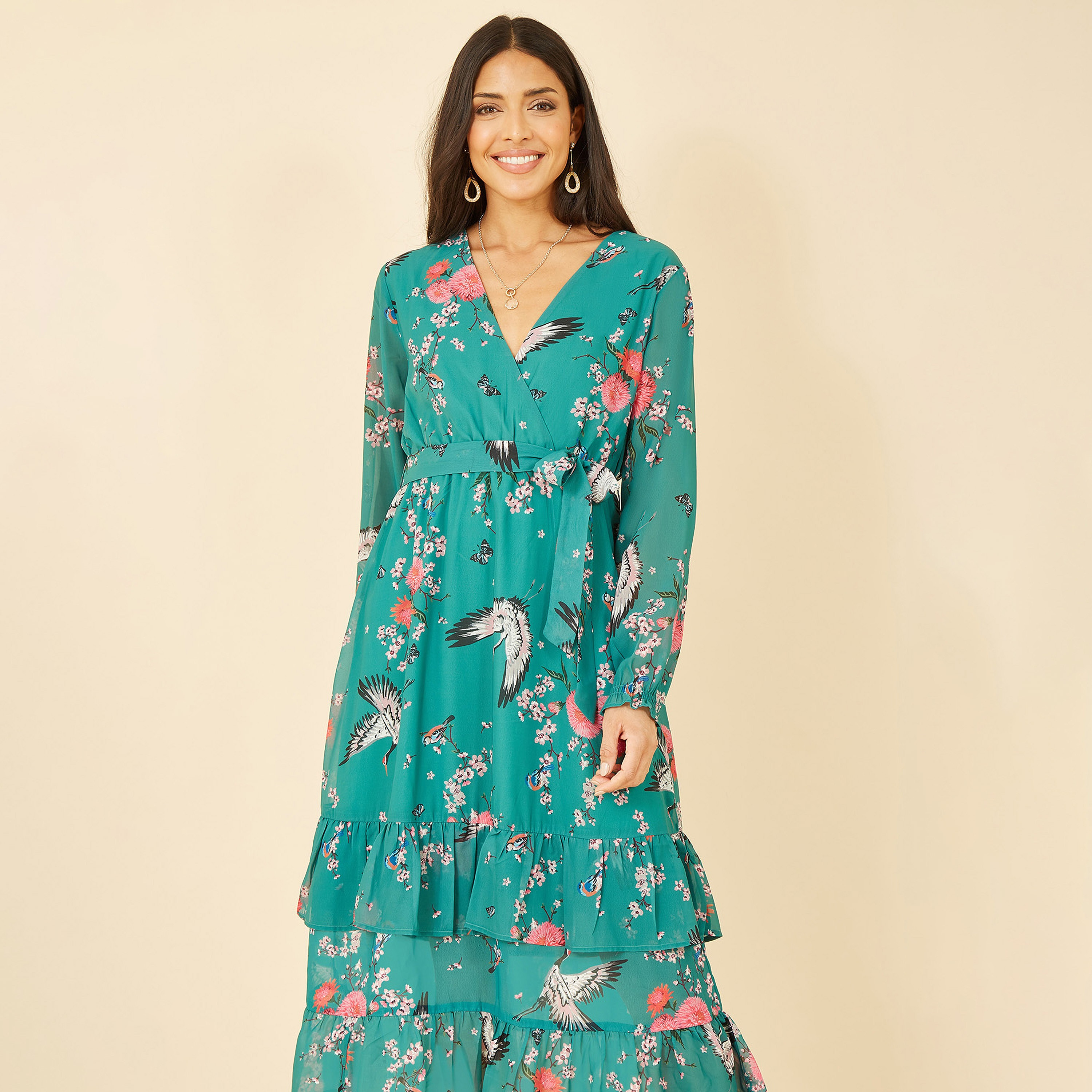 فستان نسائي متوسط الطول بأكمام طويلة بطبعة كرين من يامي-women-clothing-dresses-image-4