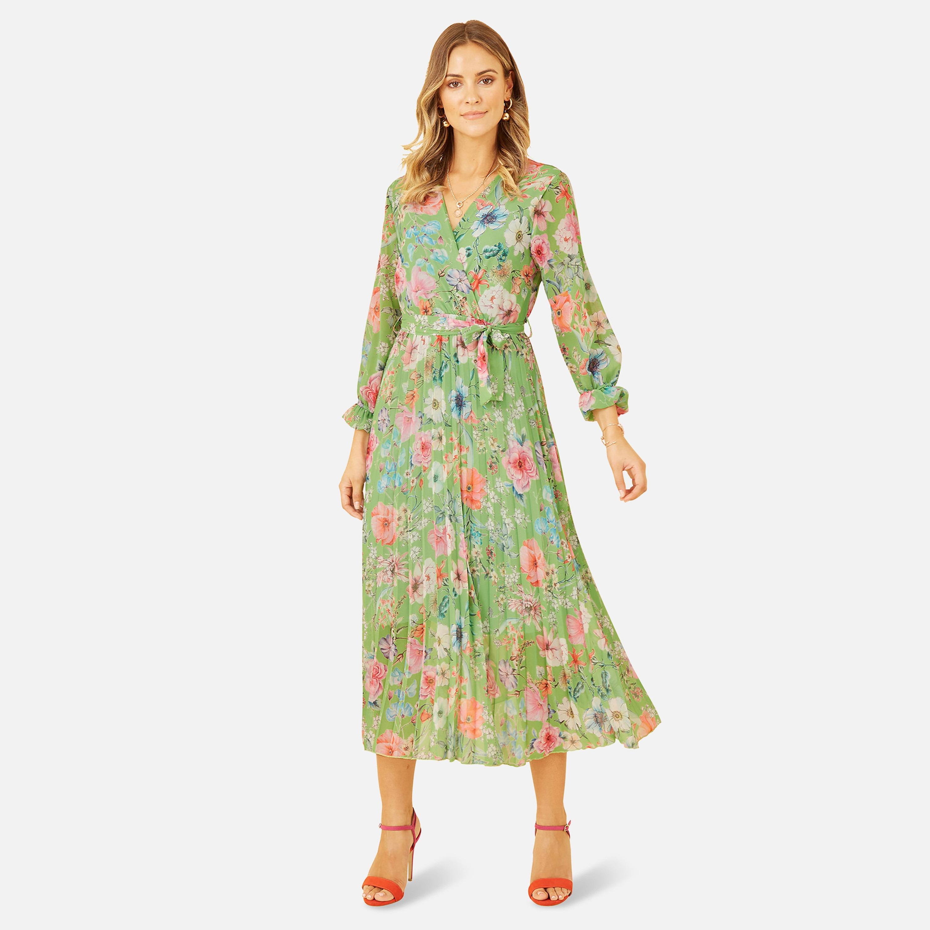 فستان متوسط الطول أسود اللون مزين بثنيات منقوش بالورود للنساء من يامي-women-clothing-dresses-image-3