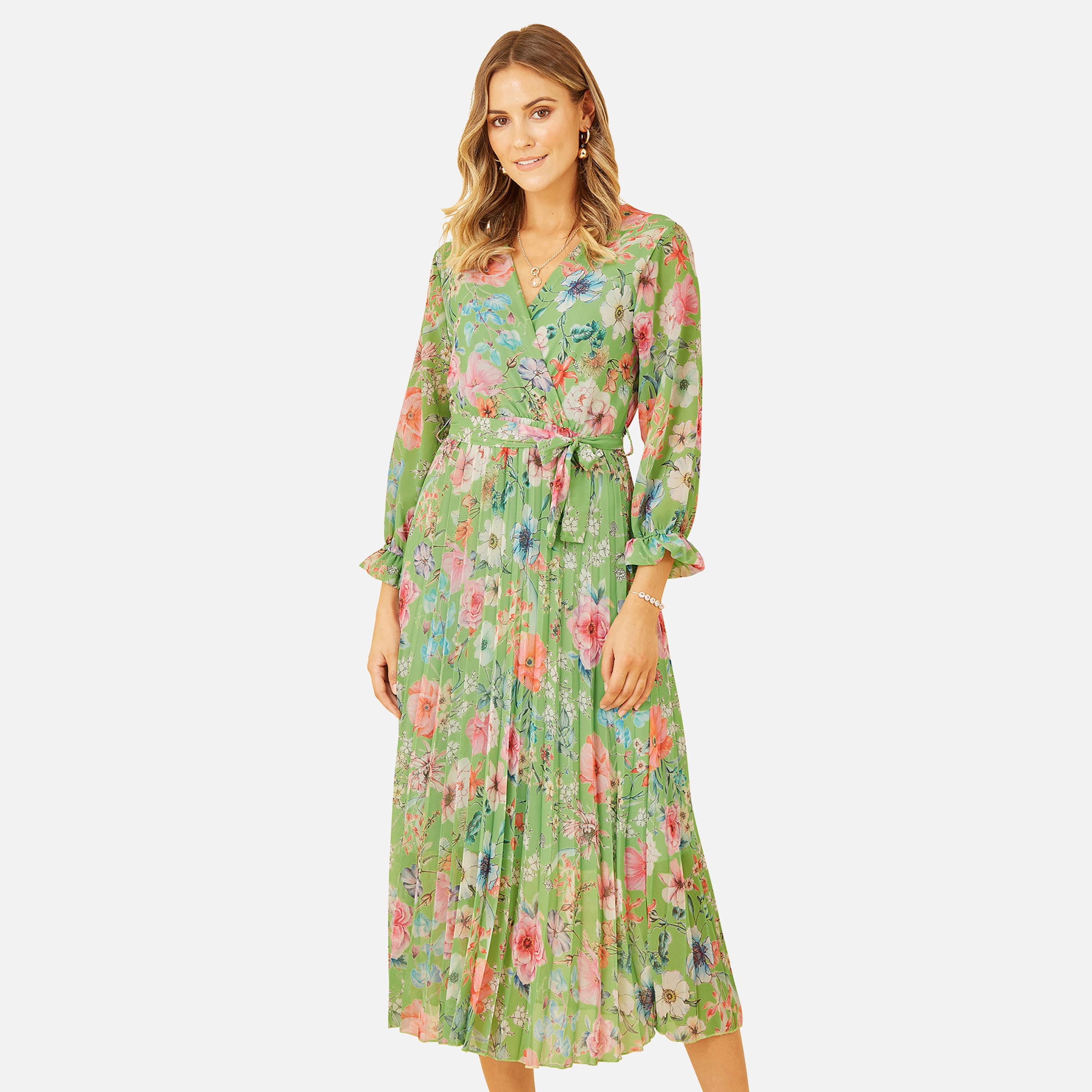 فستان متوسط الطول أسود اللون مزين بثنيات منقوش بالورود للنساء من يامي-women-clothing-dresses-image-4